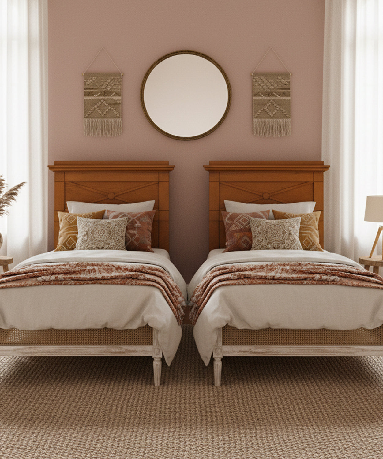 Habitación doble con dos camas individuales y cabeceros de roble Biedermeier en un ambiente bohemio con paredes rosas.