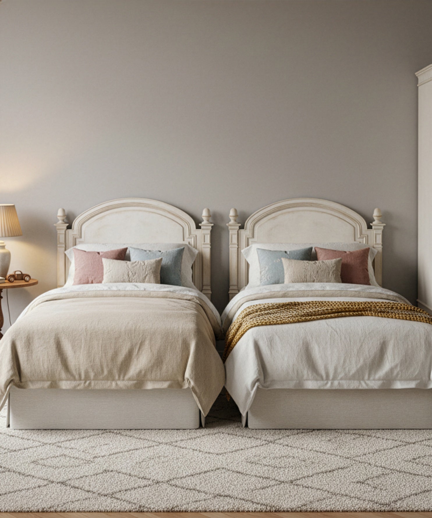 Dormitorio doble elegante con dos camas vestidas en tonos neutros y cabeceros clásicos