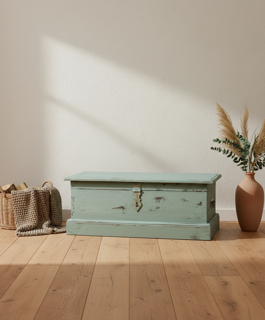 Baúl rústico color verde agua en salón con decoración natural y suelo de madera
