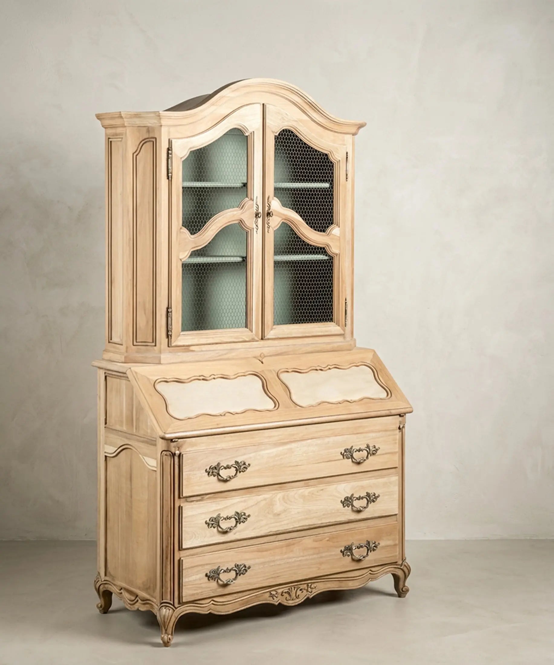 Secreter Vitrina de Madera Lavada con Escritorio Abatible | Estilo Luis XV