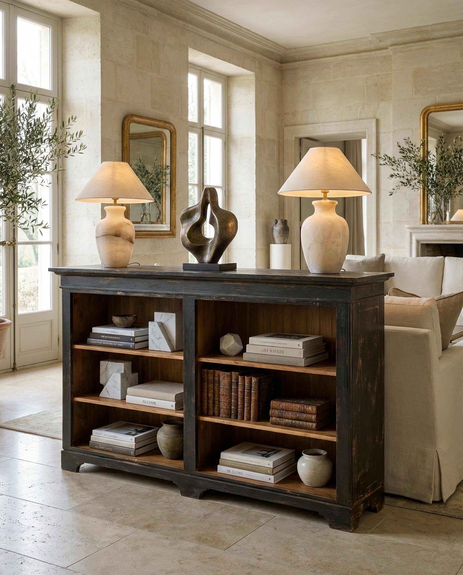 Estantería utilizada como trasera de sofá en una estancia luminosa con vigas de madera.