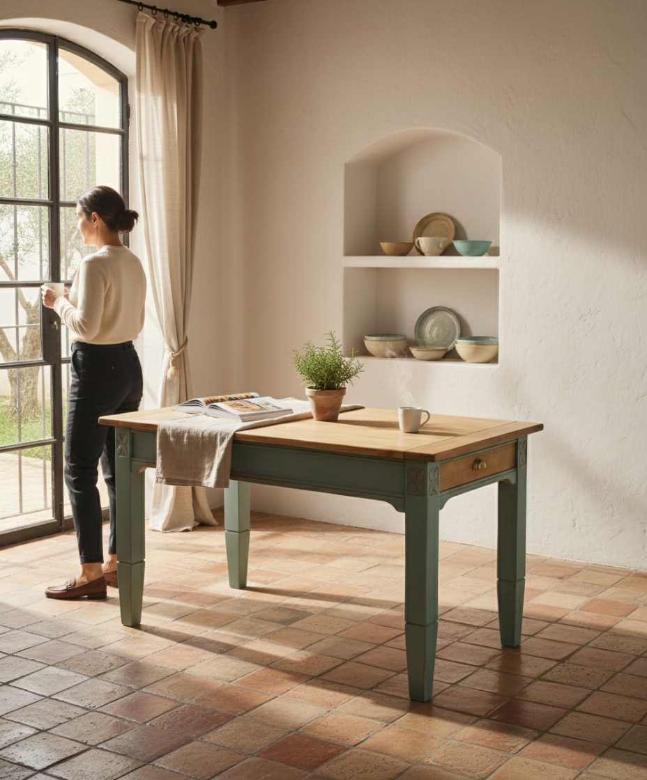 Mesa de comedor rústica en ambiente mediterráneo con luz natural y vajilla