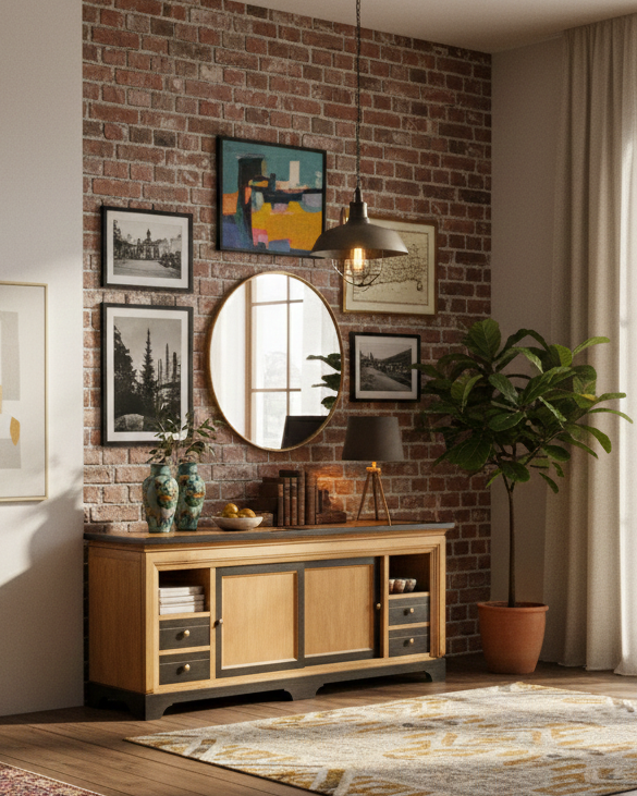 Aparador Lumière en un loft moderno con pared de ladrillo visto, alfombra geométrica y luz cálida.