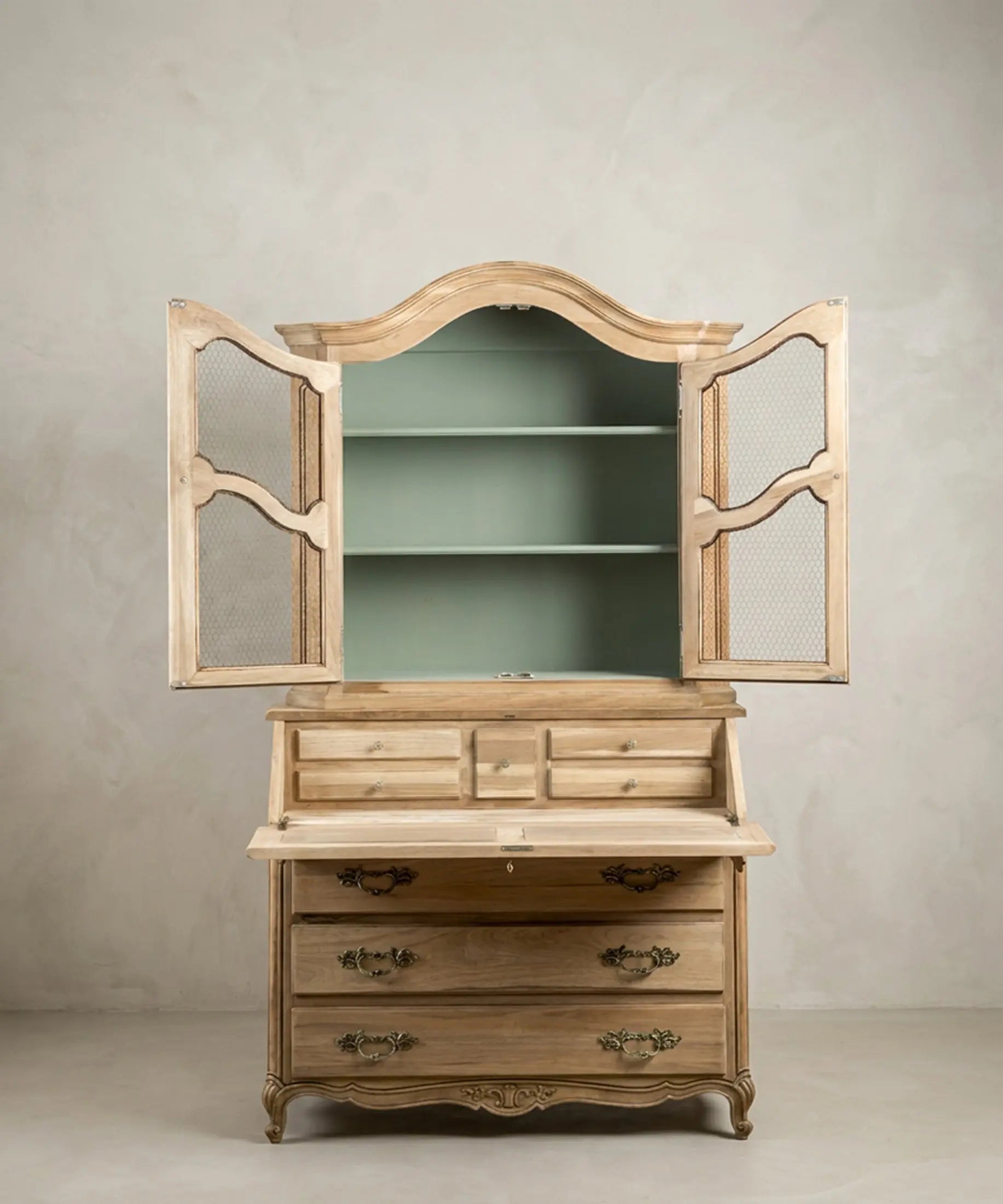 Secreter Vitrina de Madera Lavada con Escritorio Abatible | Estilo Luis XV
