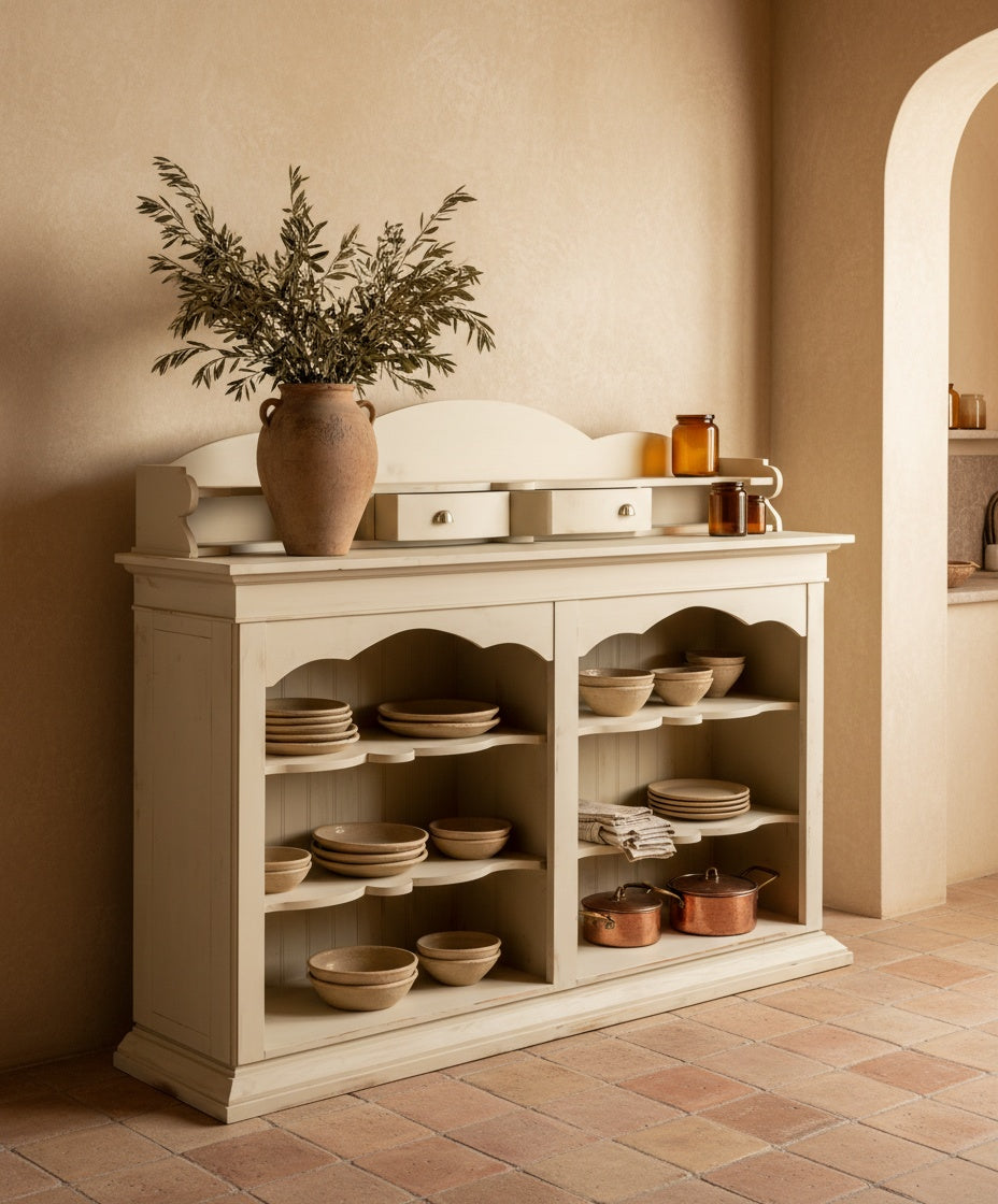 Alacena Provence decorada con vajilla rústica, ramas de olivo y ollas de cobre sobre suelo de terracota.