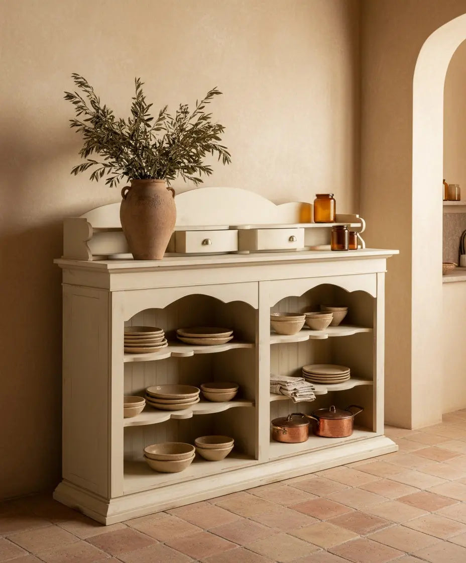 Alacena Provence decorada con vajilla rústica, ramas de olivo y ollas de cobre sobre suelo de terracota.