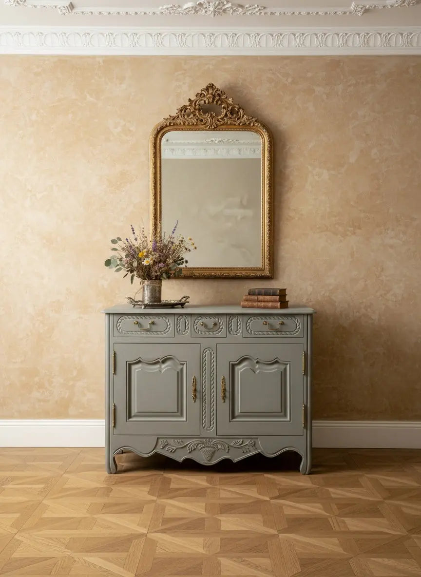 Aparador provenzal azul combinado con espejo dorado antiguo en un ambiente de diseño de interiores.