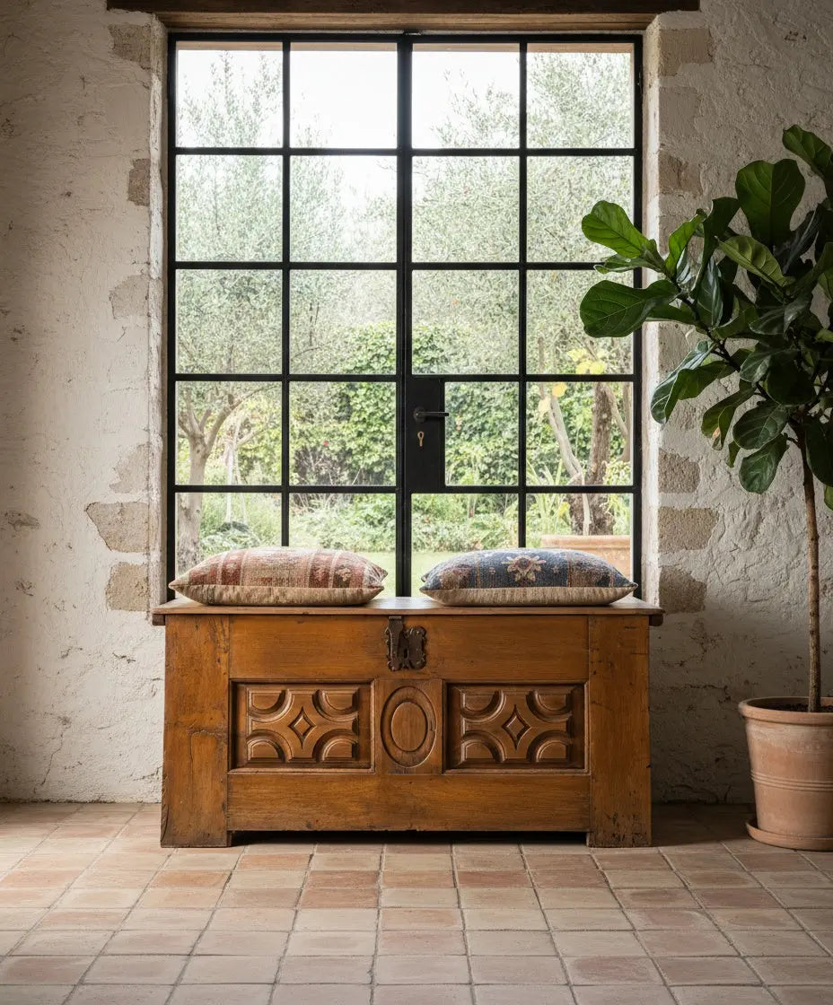 Arcón del siglo XVIII utilizado como mesa de centro frente a un sofá neutro en un salón de lujo.