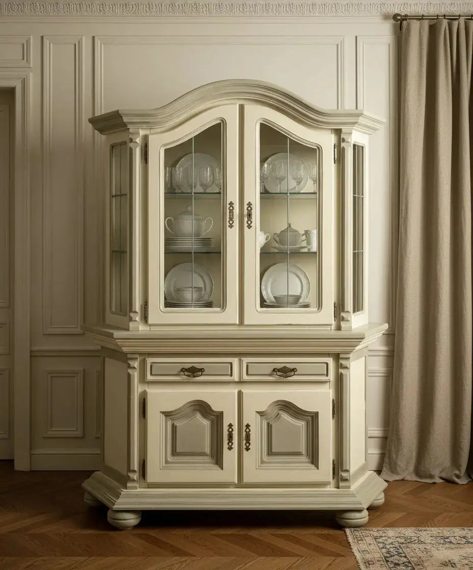 Alacena Maison Héritage decorada con cristalería y vajilla blanca en un salón de techos altos.