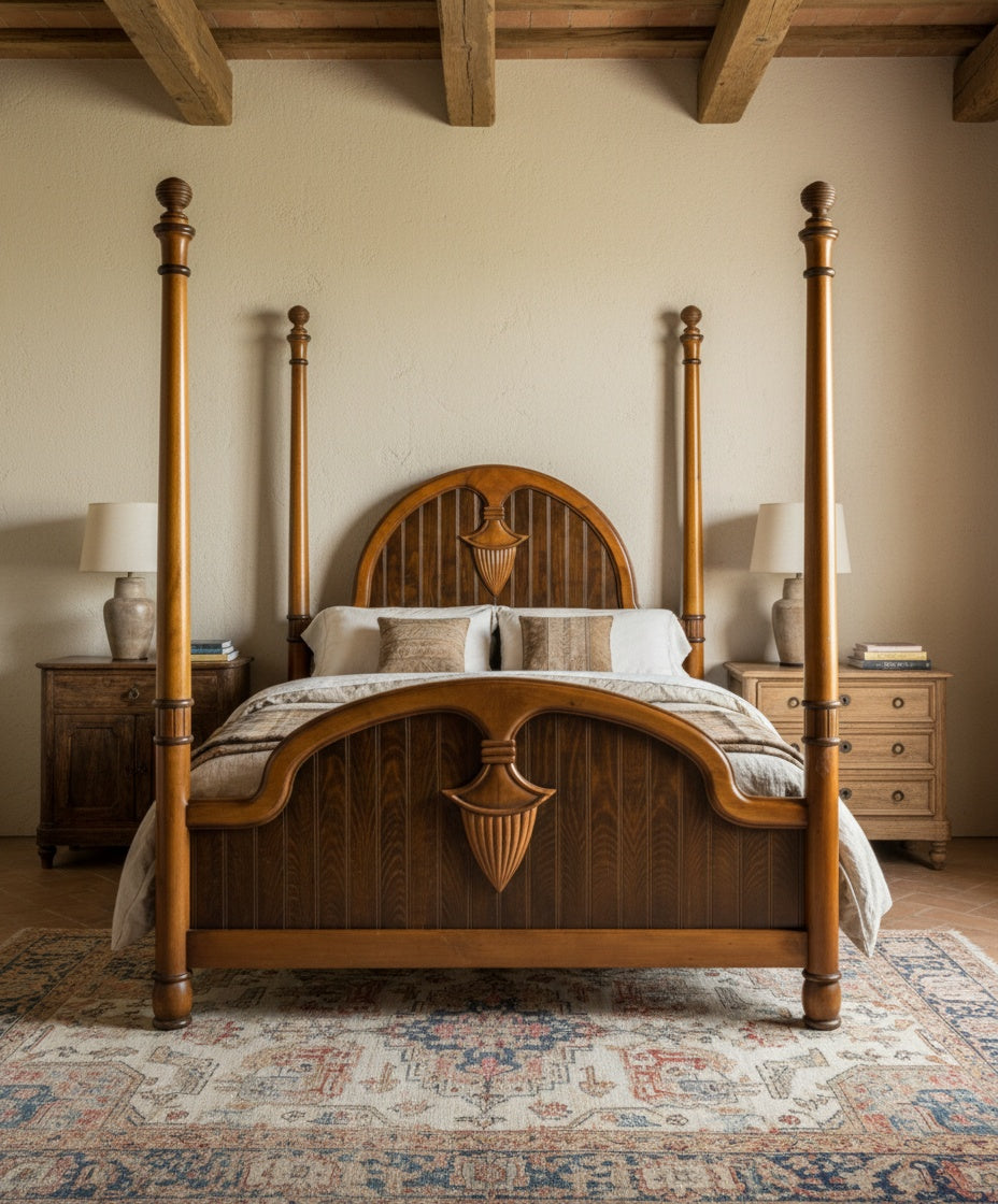 Cama de cuatro postes "Augusta" de madera y tallas