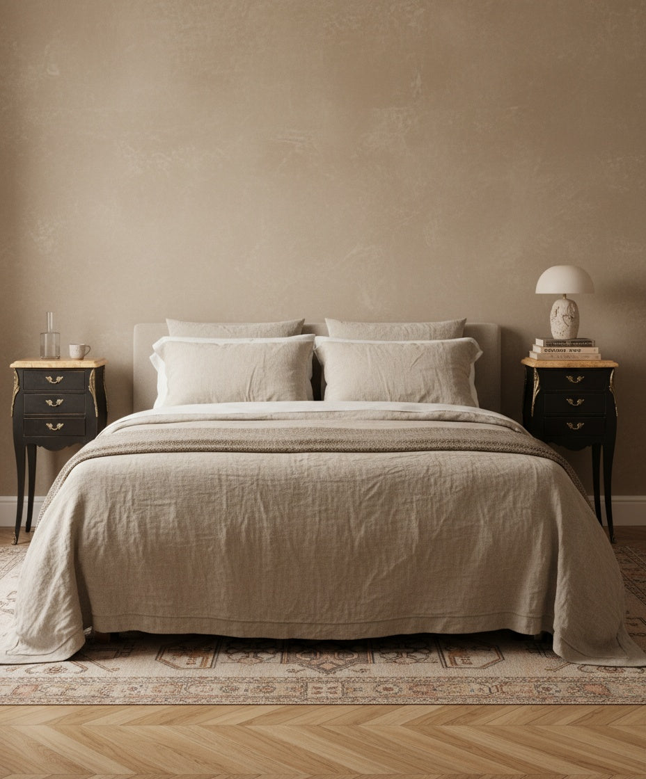 Mesillas de estilo francés flanqueando una cama de lino, mostrando su escala y presencia en un dormitorio clásico moderno.