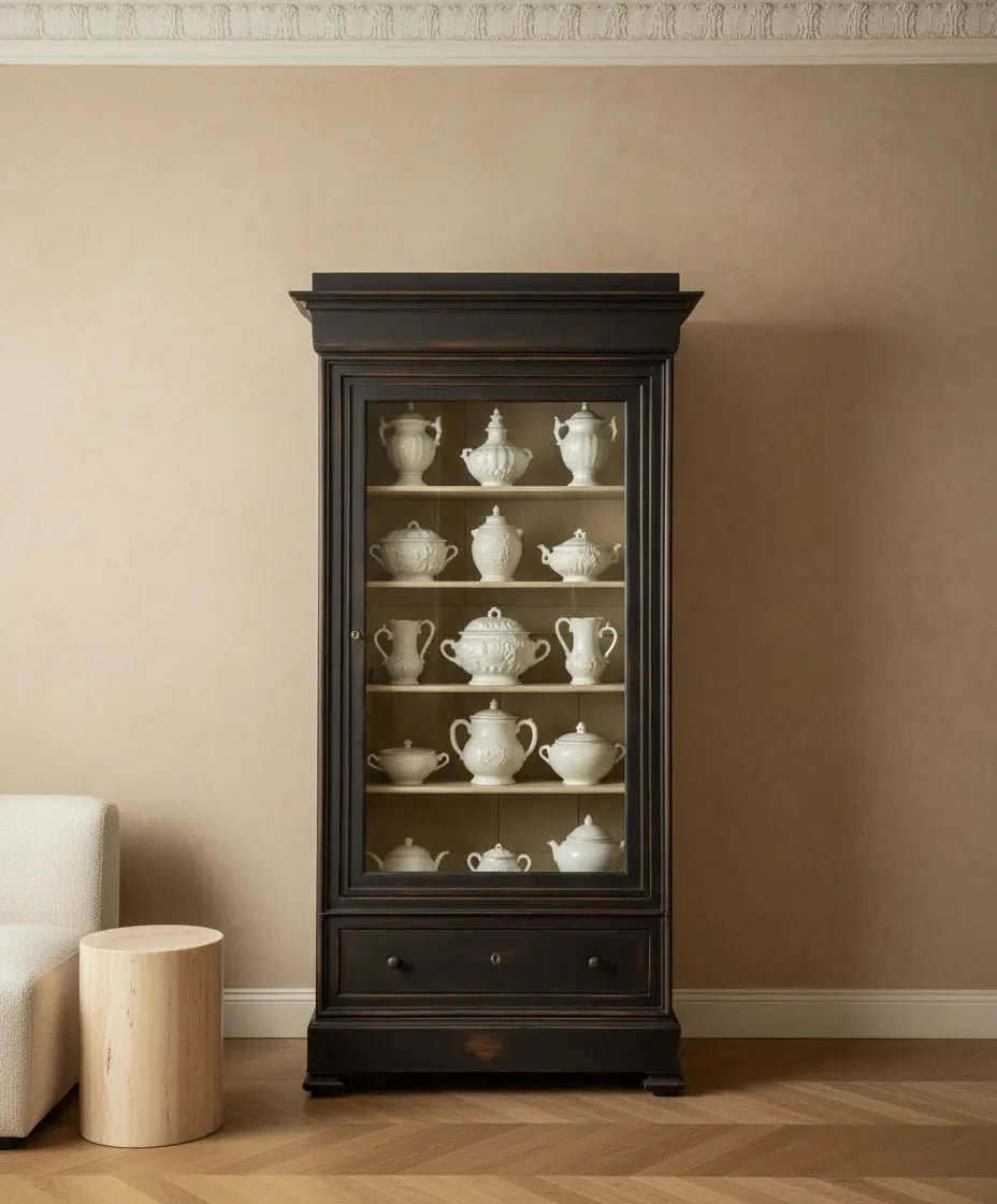 Vitrina Noir Classique ambientada en un salón moderno, exponiendo vajilla de porcelana blanca clásica.