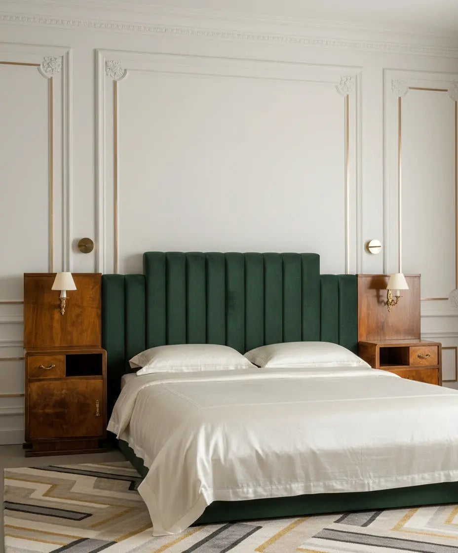 Pareja de mesitas de noche Art Decó en madera de raíz con apliques