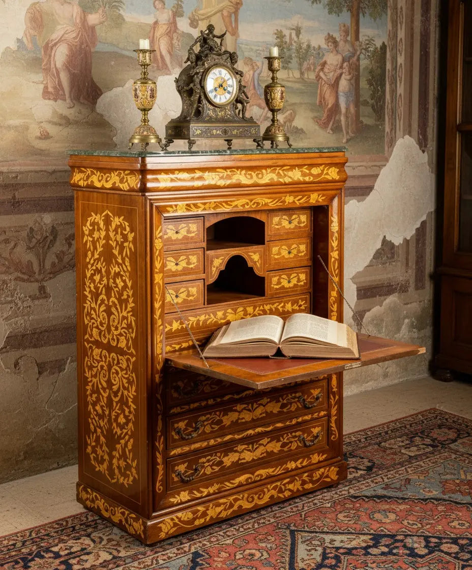 Secreter con marquetería floral y tapa de mármol verde