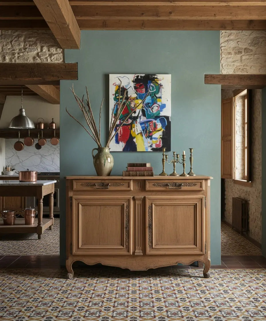 Gran aparador antiguo provincial francés en madera lavada con herrajes de forja (S. XIX)