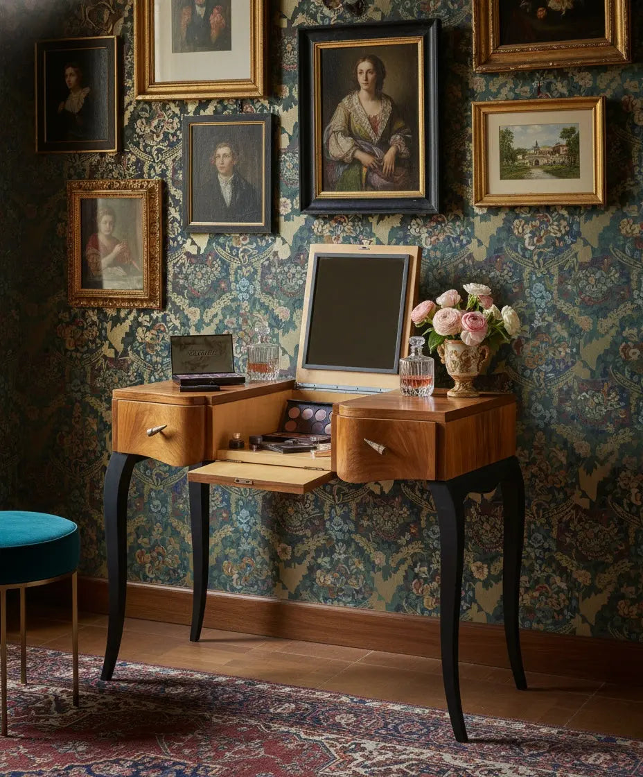 Tocador en nogal con espejo abatible y patas negras