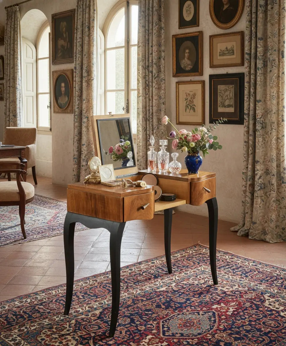 Tocador en nogal con espejo abatible y patas negras