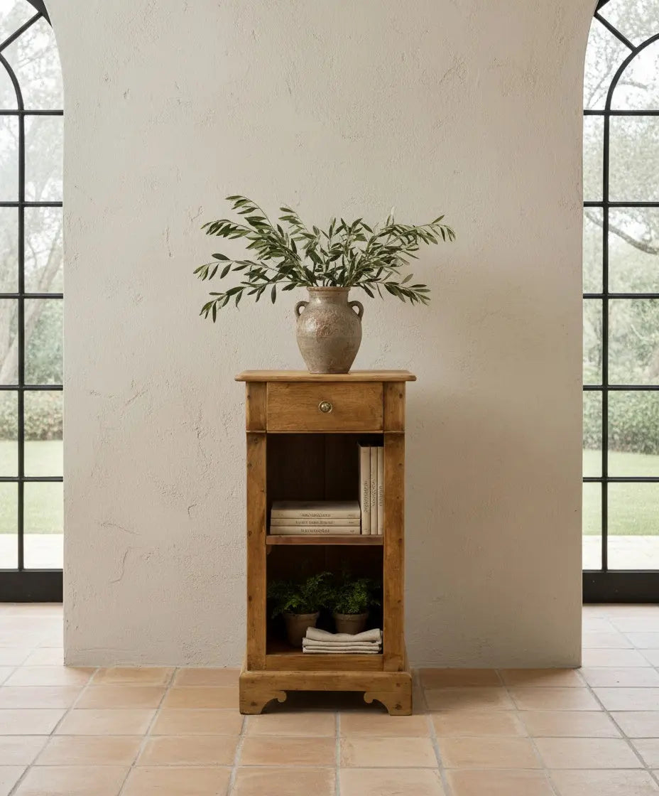 Mesilla de noche antigua de madera maciza con estantes y cajón estilo rústico francés en porche de una casa de estilo mediterraneo