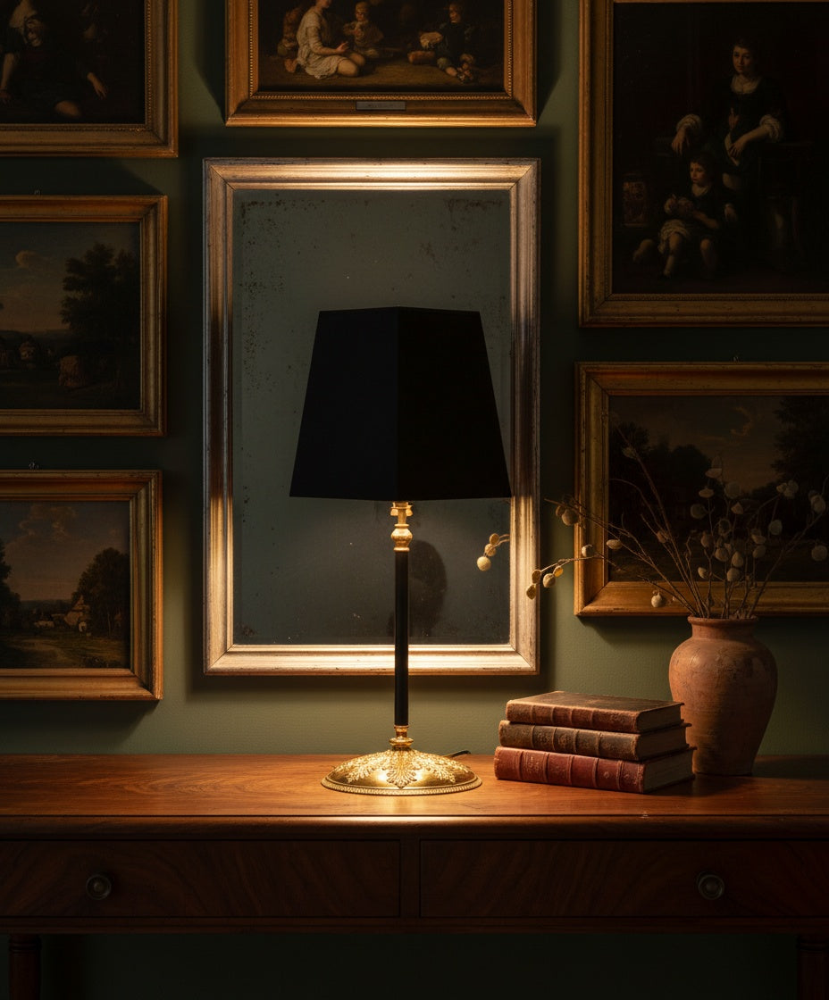 Vista frontal de lámpara Regencia con base dorada ornamentada y pantalla negra sobre consola de madera.