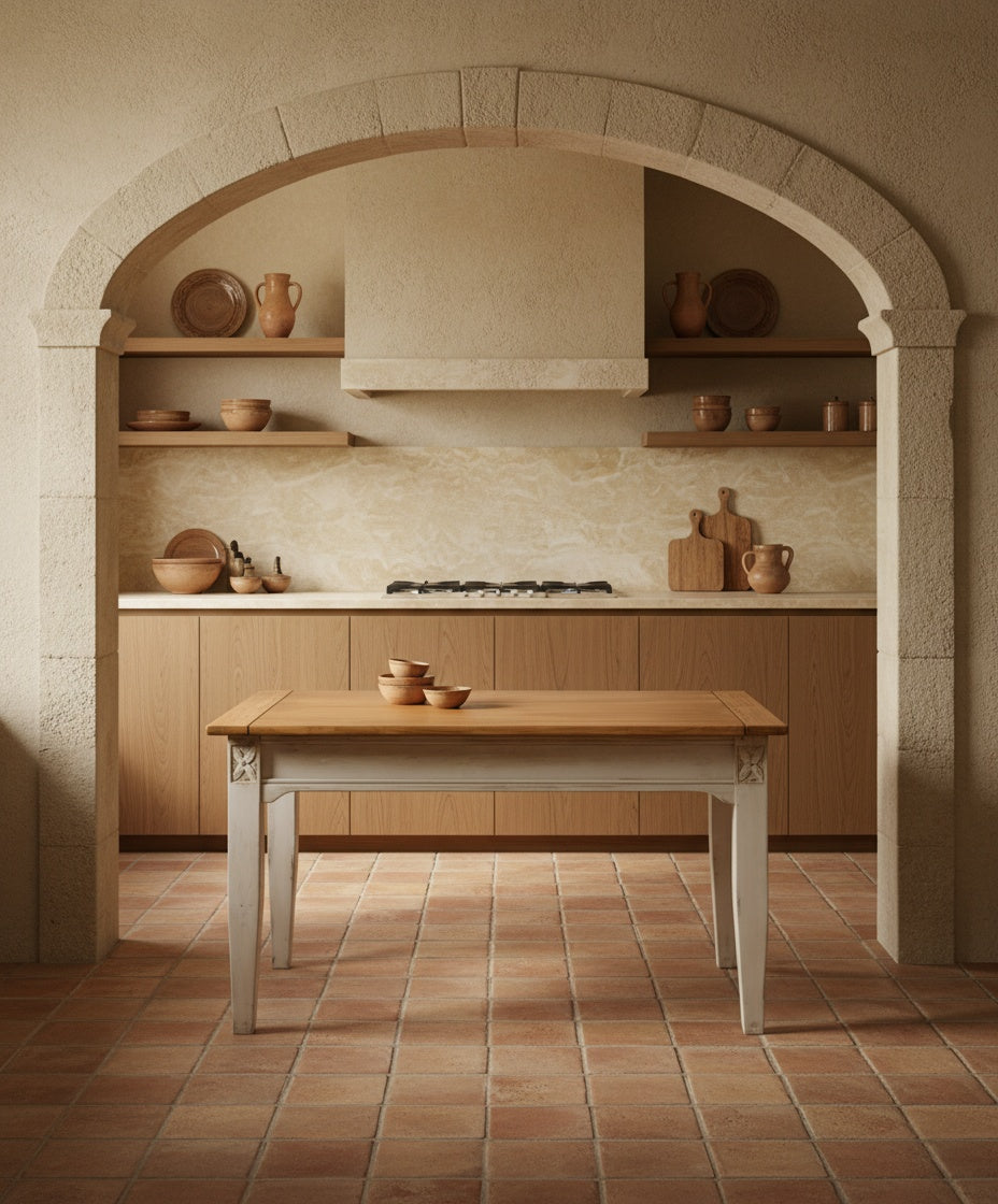 Ángulo lateral mostrando la veta natural del sobre de madera maciza y el acabado envejecido de las patas.