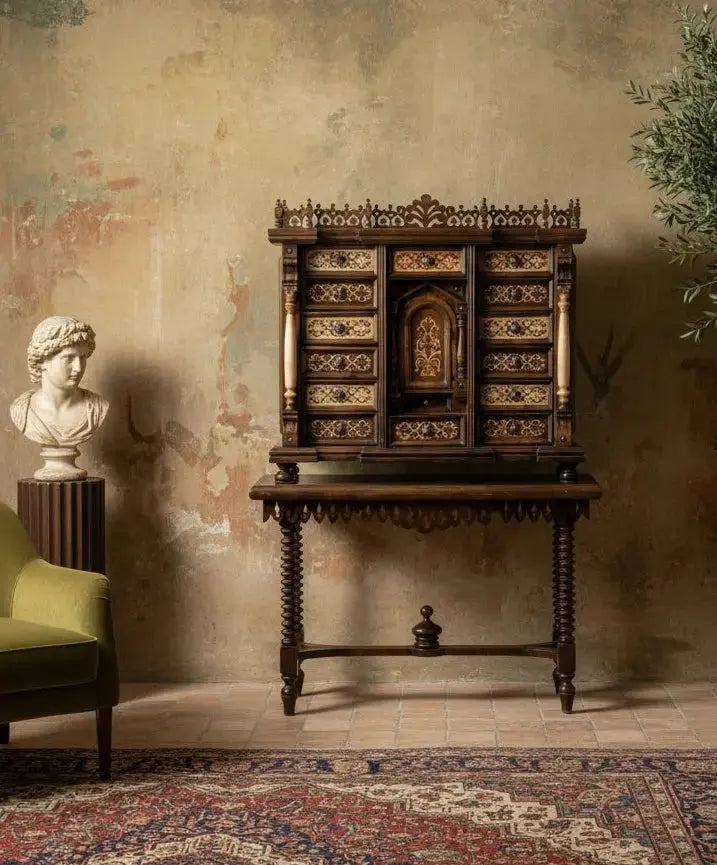 Bargueño papelera en madera de nogal y taracea (Estilo Renacentista Español) Antique arte y decoracion