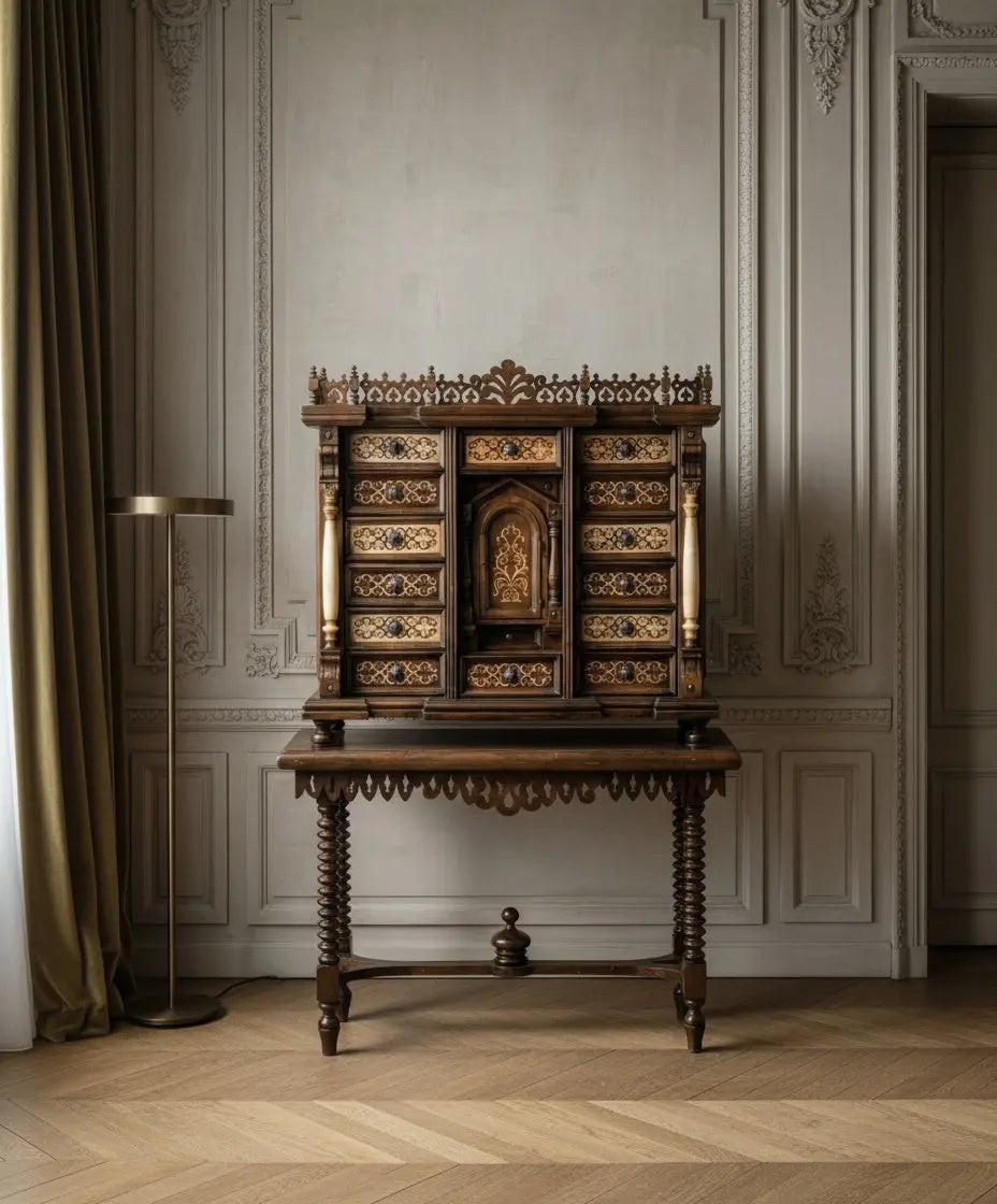 Bargueño papelera en madera de nogal y taracea (Estilo Renacentista Español)