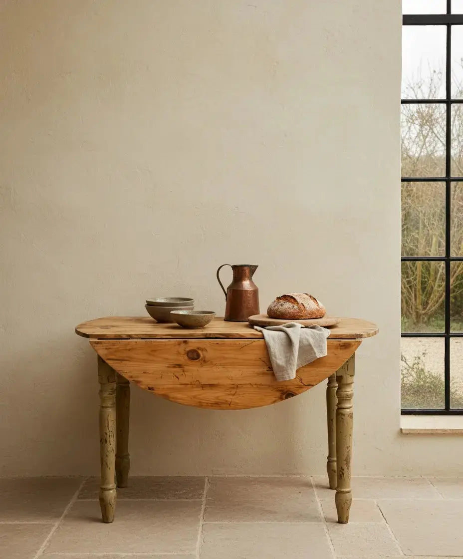 Mesa consola plegable vintage con tablero de madera y patas torneadas pintadas en decapé.