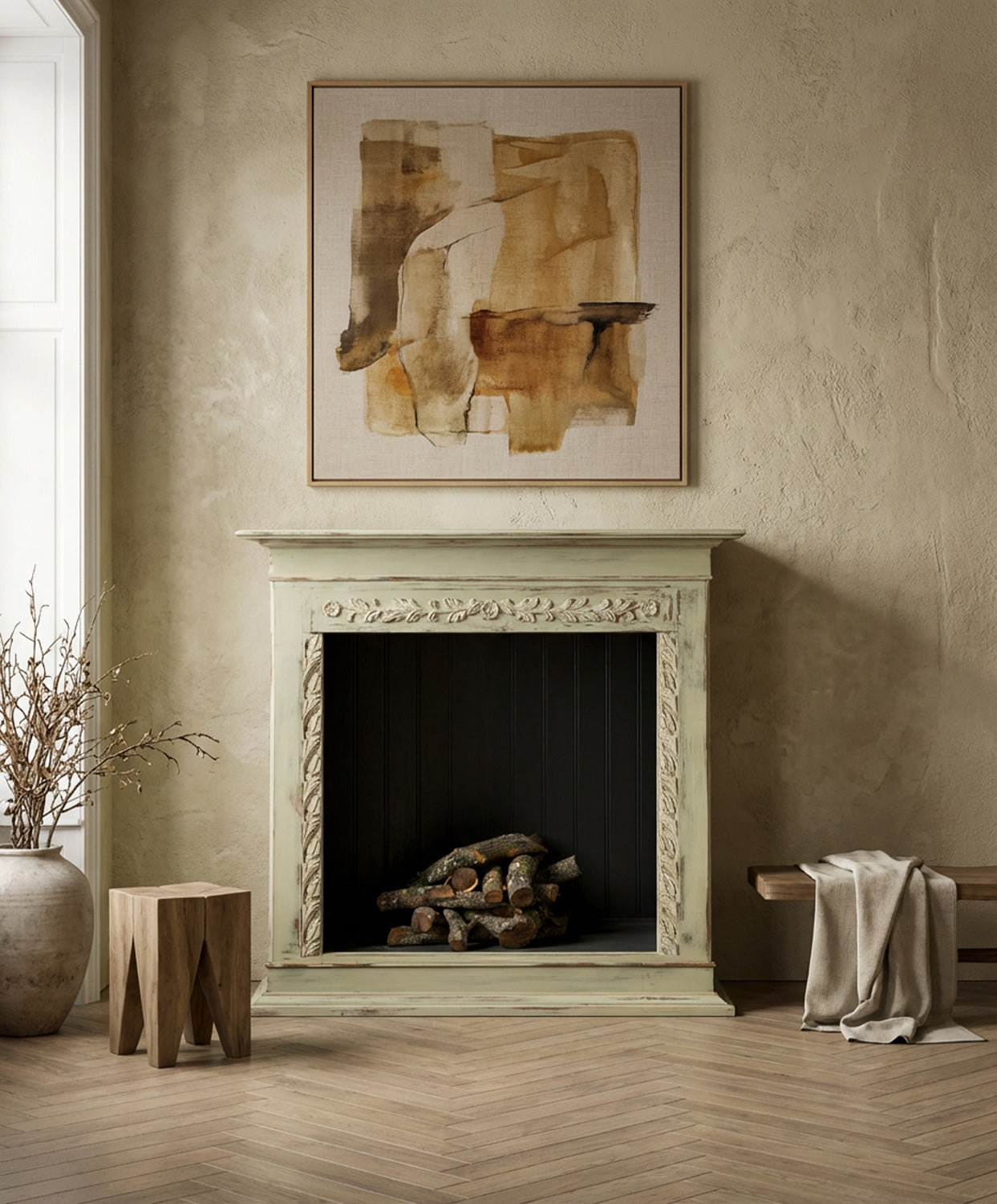 Chimenea verde situada en un salón moderno con cuadro abstracto y elementos orgánicos, demostrando su versatilidad.