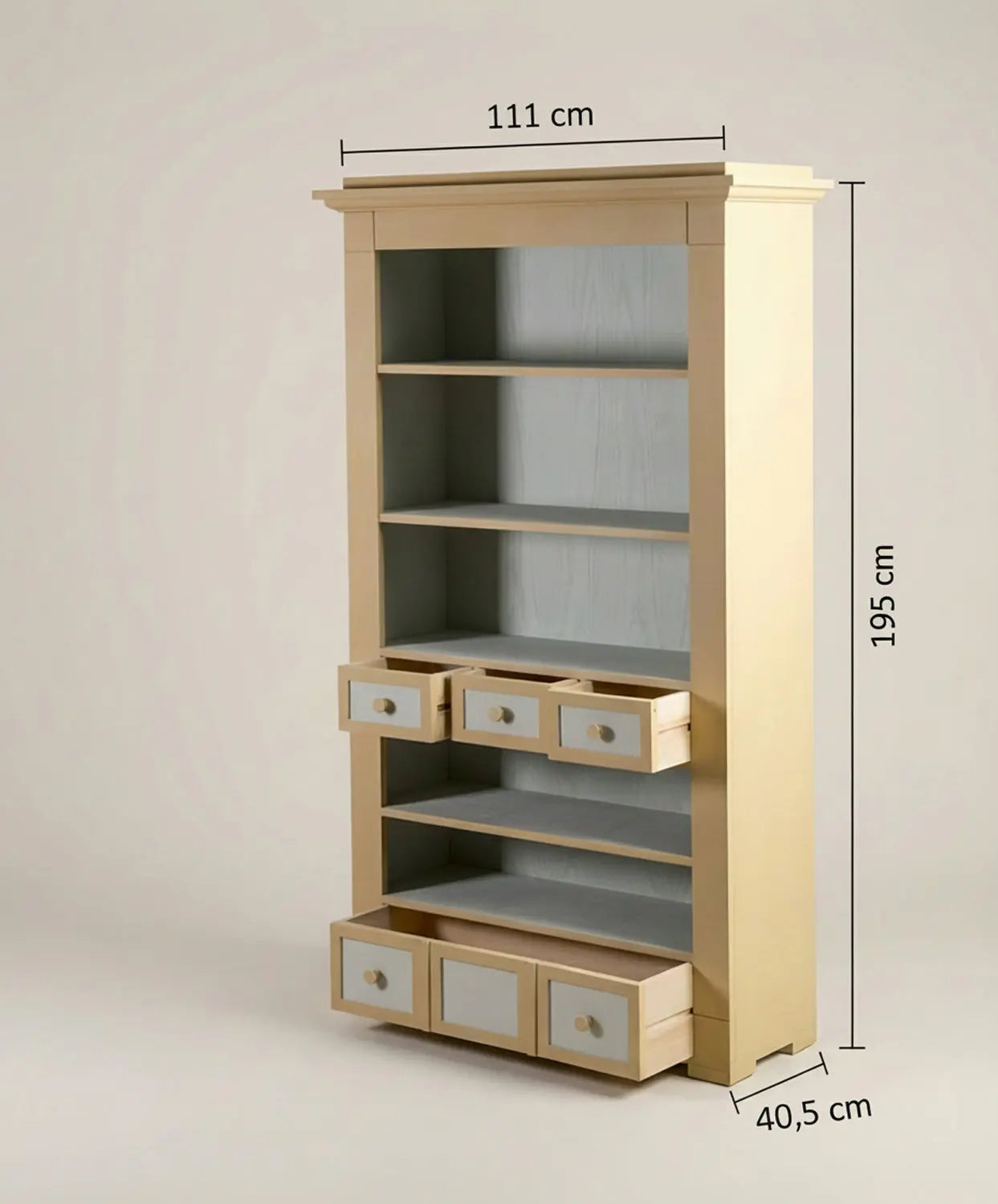 Esquema de dimensiones de la estantería: 111 cm ancho, 195 cm alto y 40,5 cm fondo