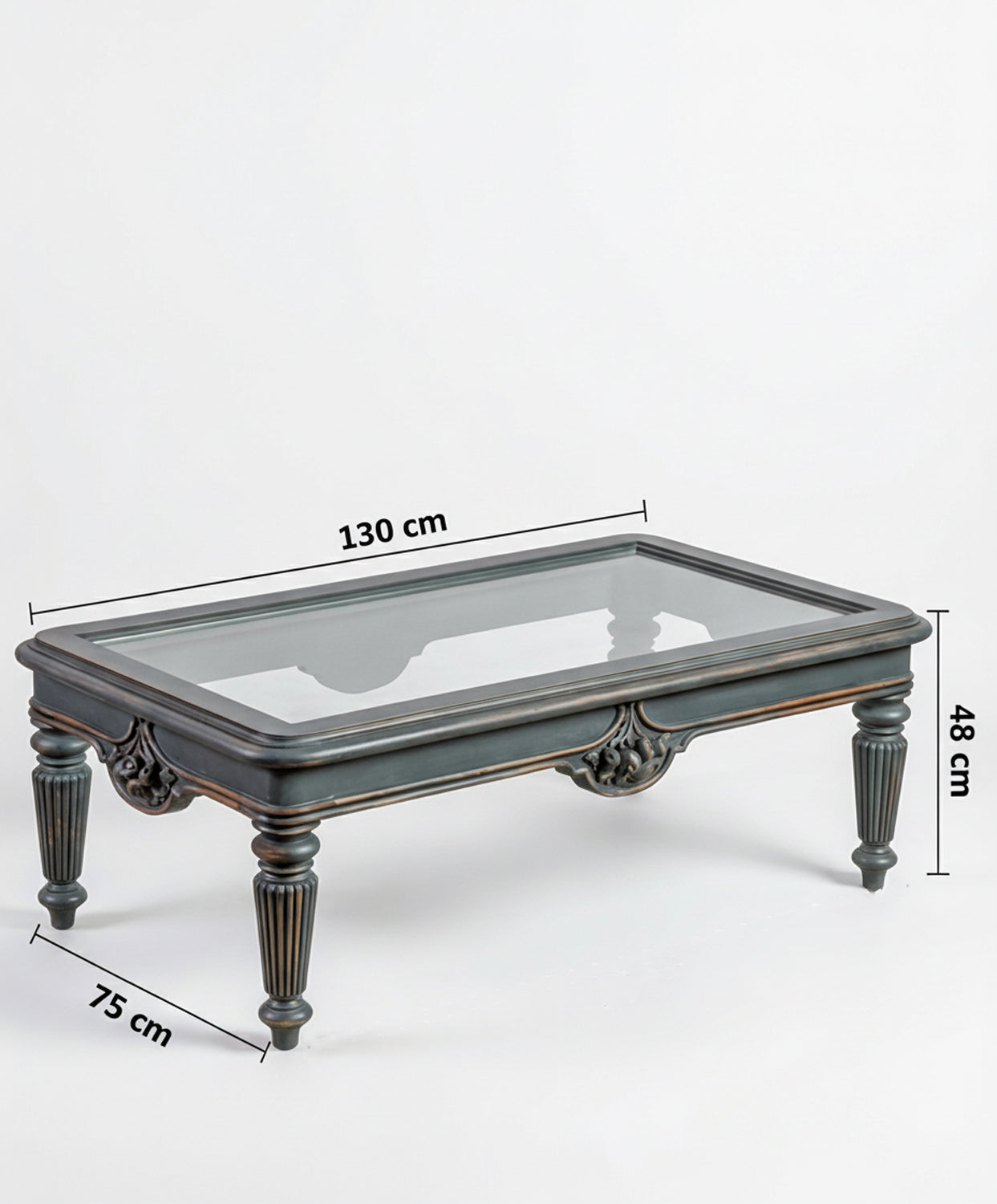 Mesa de centro clásica gris con tapa de cristal y medidas 130 cm de largo x 75 cm de ancho