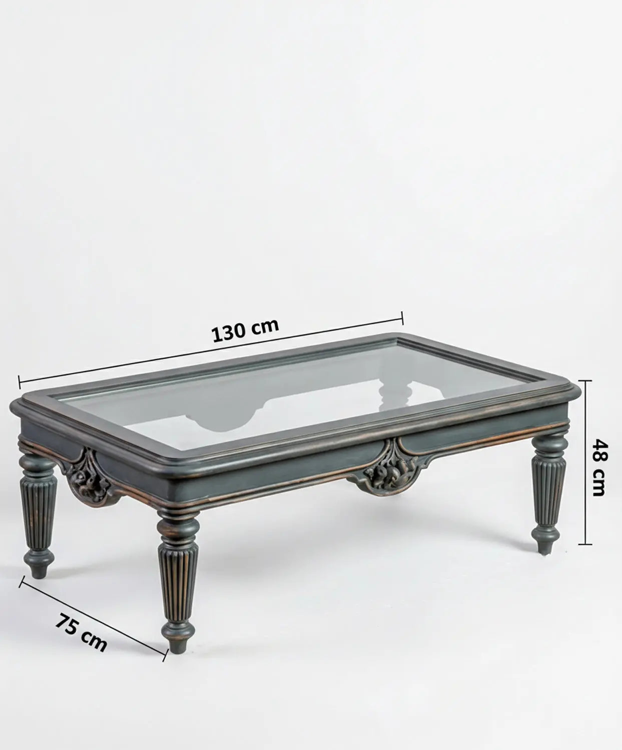 Mesa de centro clásica gris con tapa de cristal y medidas 130 cm de largo x 75 cm de ancho