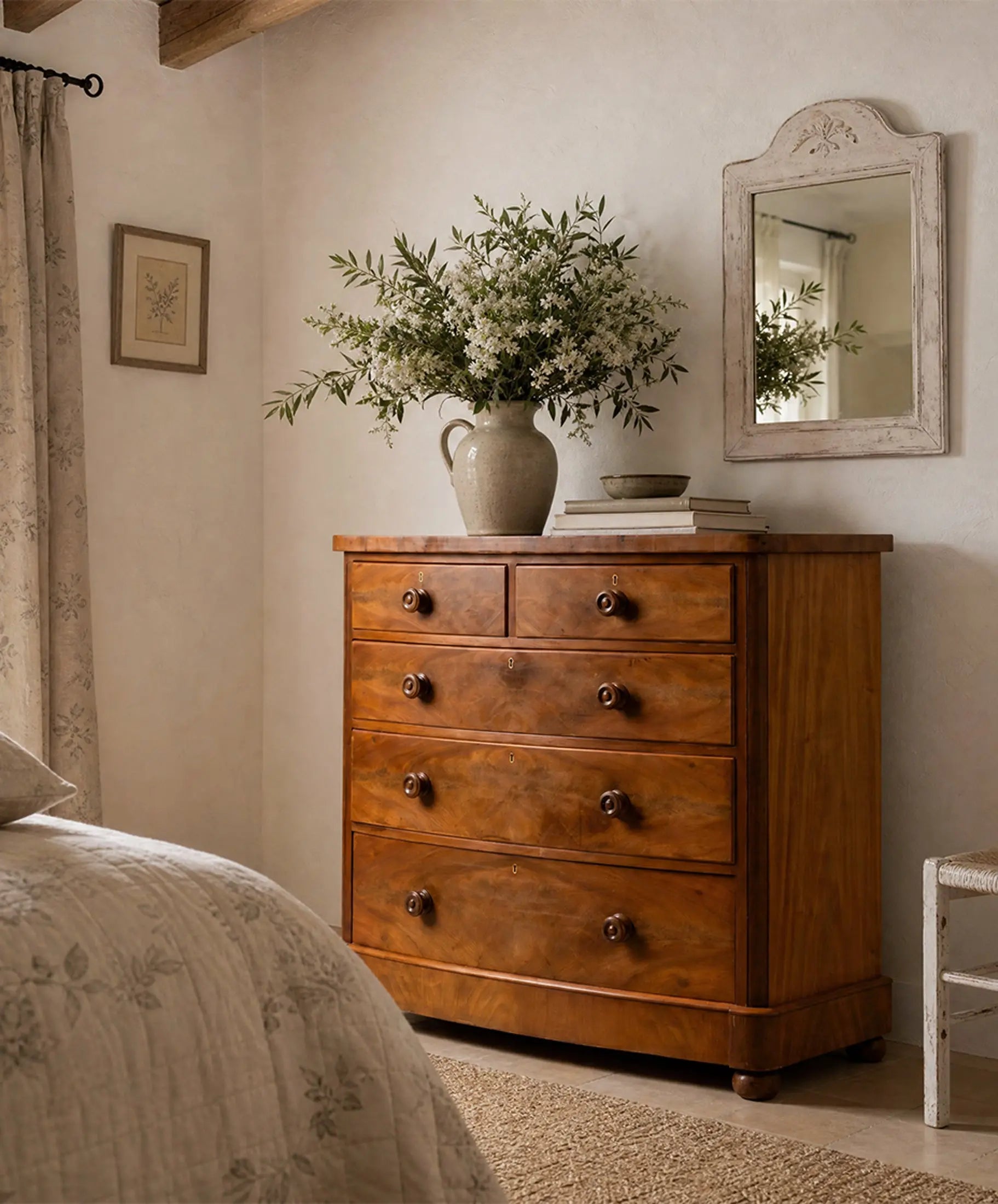 Cómoda Inglesa antigua de frente curvo en madera de pluma de caoba (S. XIX)