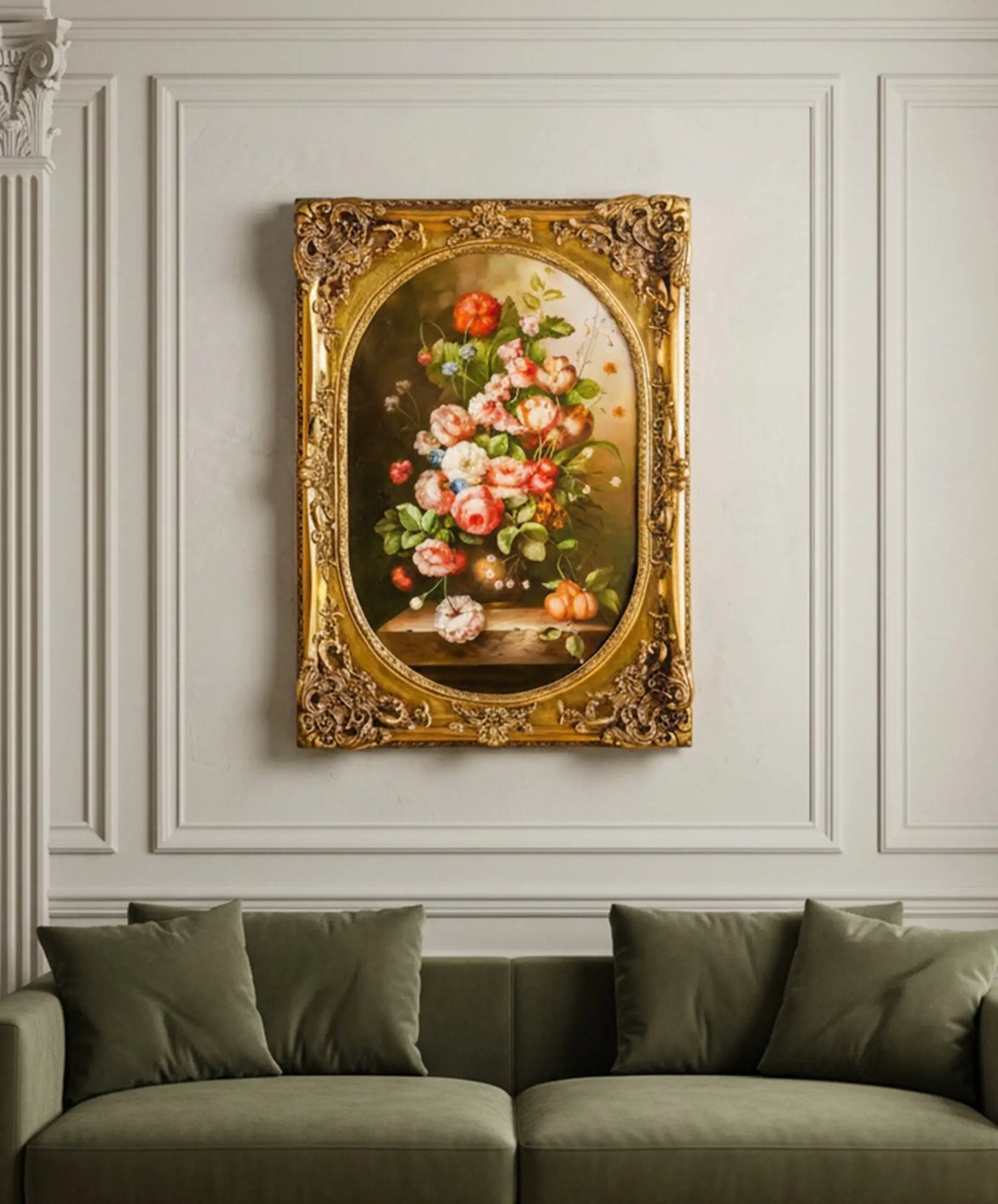 Cuadro bodegón floral óleo sobre lienzo marco dorado pan de oro en salón clásico — Antique Arte y Decoración