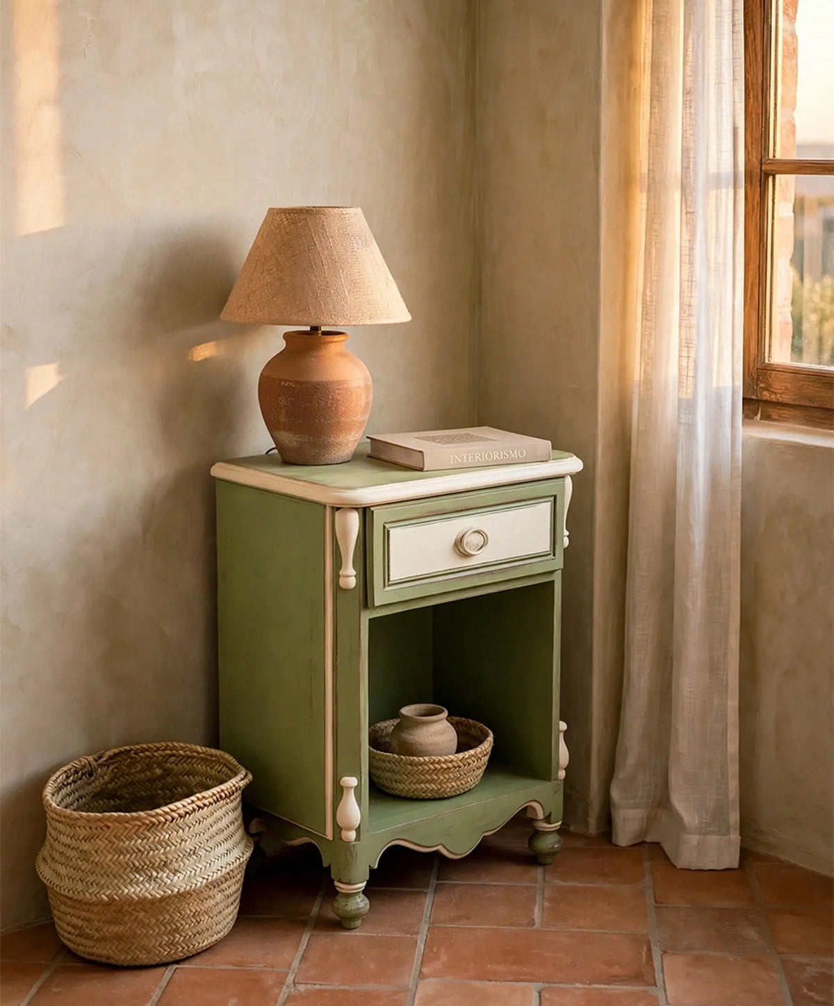 Mesa auxiliar verde decapado en dormitorio rústico con lámpara de terracota — Antique Arte y Decoración