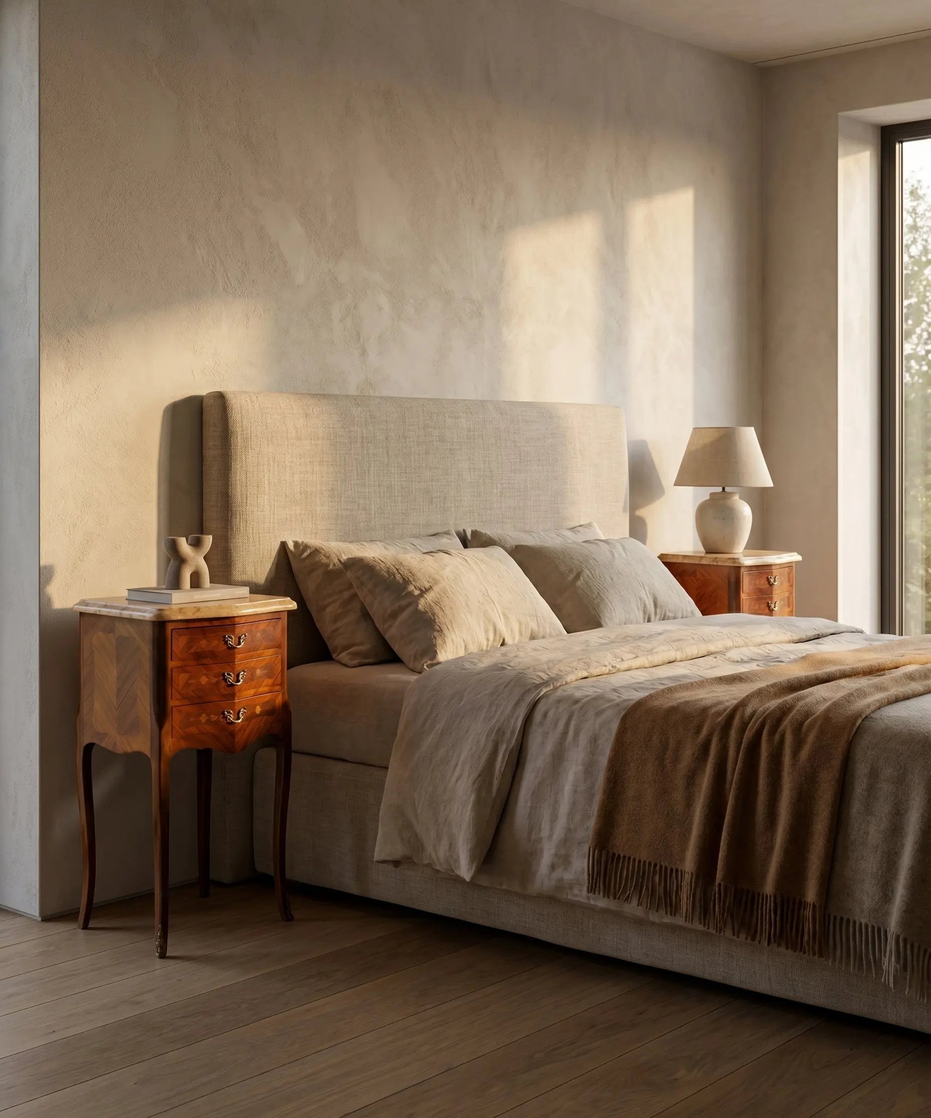 Habitación de estilo clásico con papel pintado y elegante mesita bombé de 3 cajones estilo Luis XV.