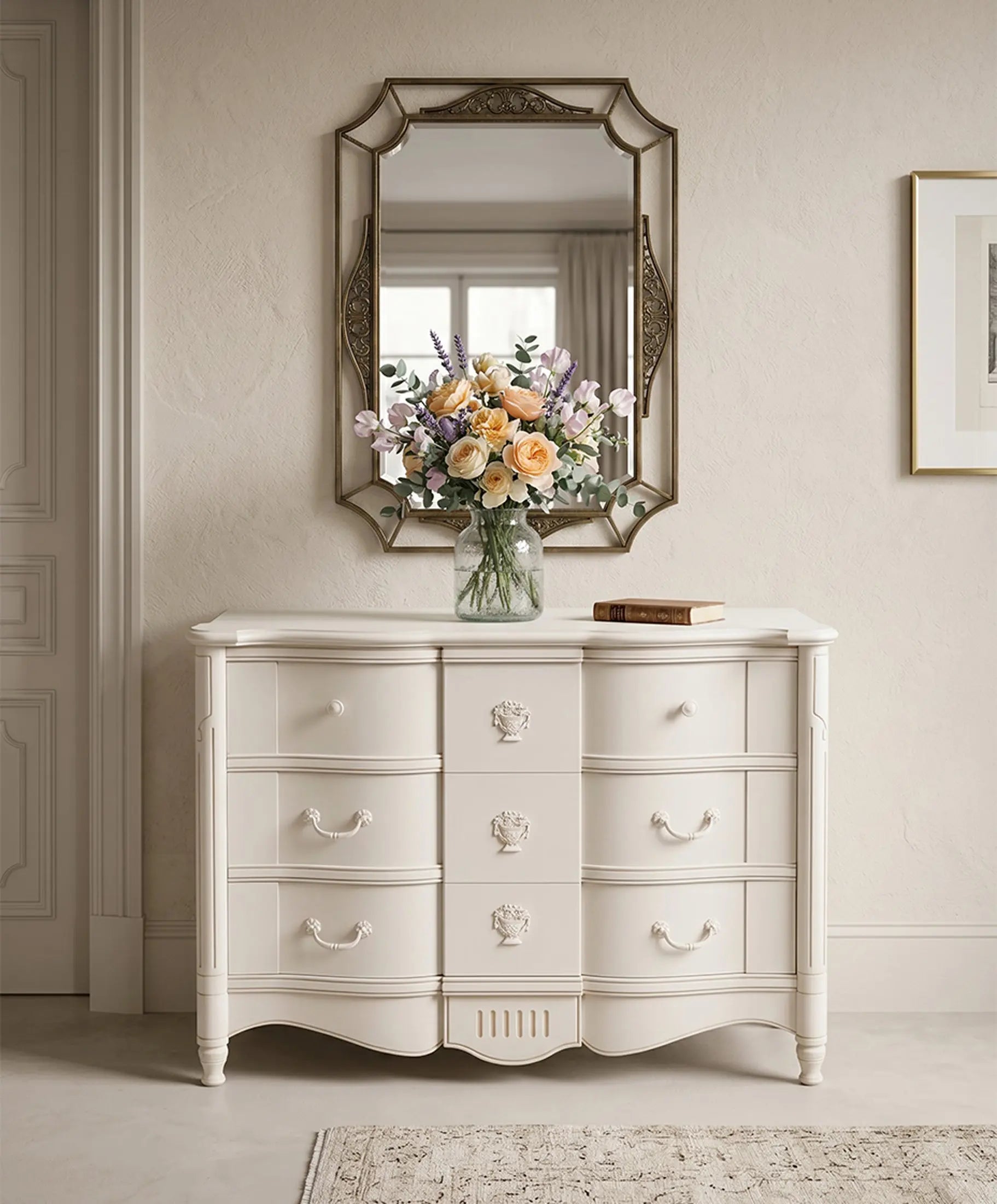 Cómoda provenzal blanca decorada con jarrón de lavanda en ambiente rústico — Antique Arte y Decoración