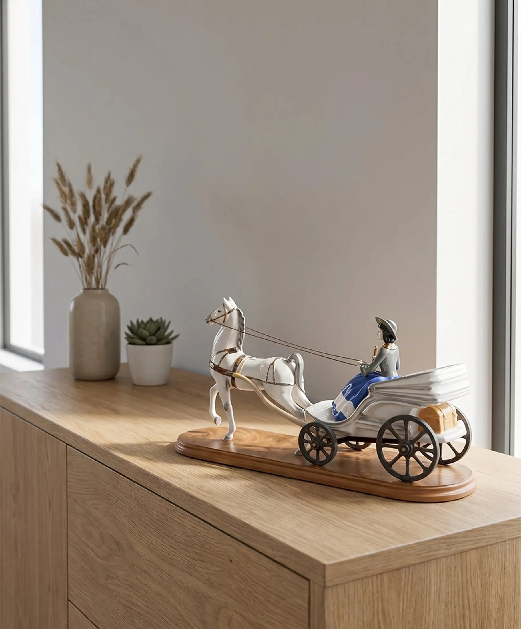 Figura de Porcelana Dama en Carruaje con Caballo | Vintage Siglo XX