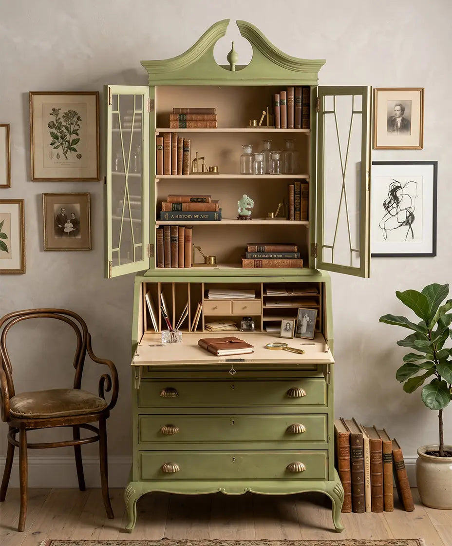 Vitrina secreter vintage de estilo Inglés en verde decapé con interior beige
