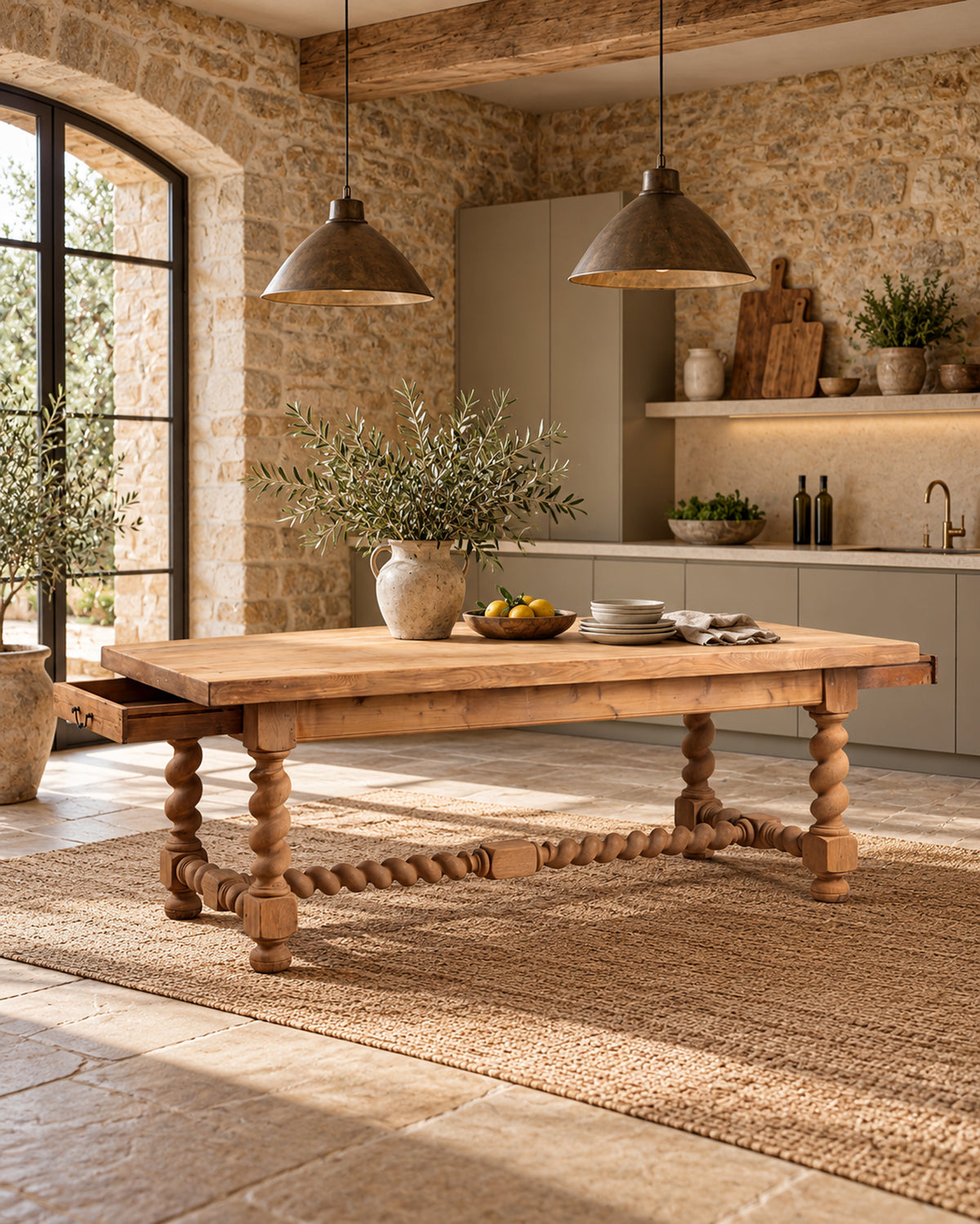 Mesa de Comedor de Roble Macizo de 220 cm | Patas Salomónicas, Francia