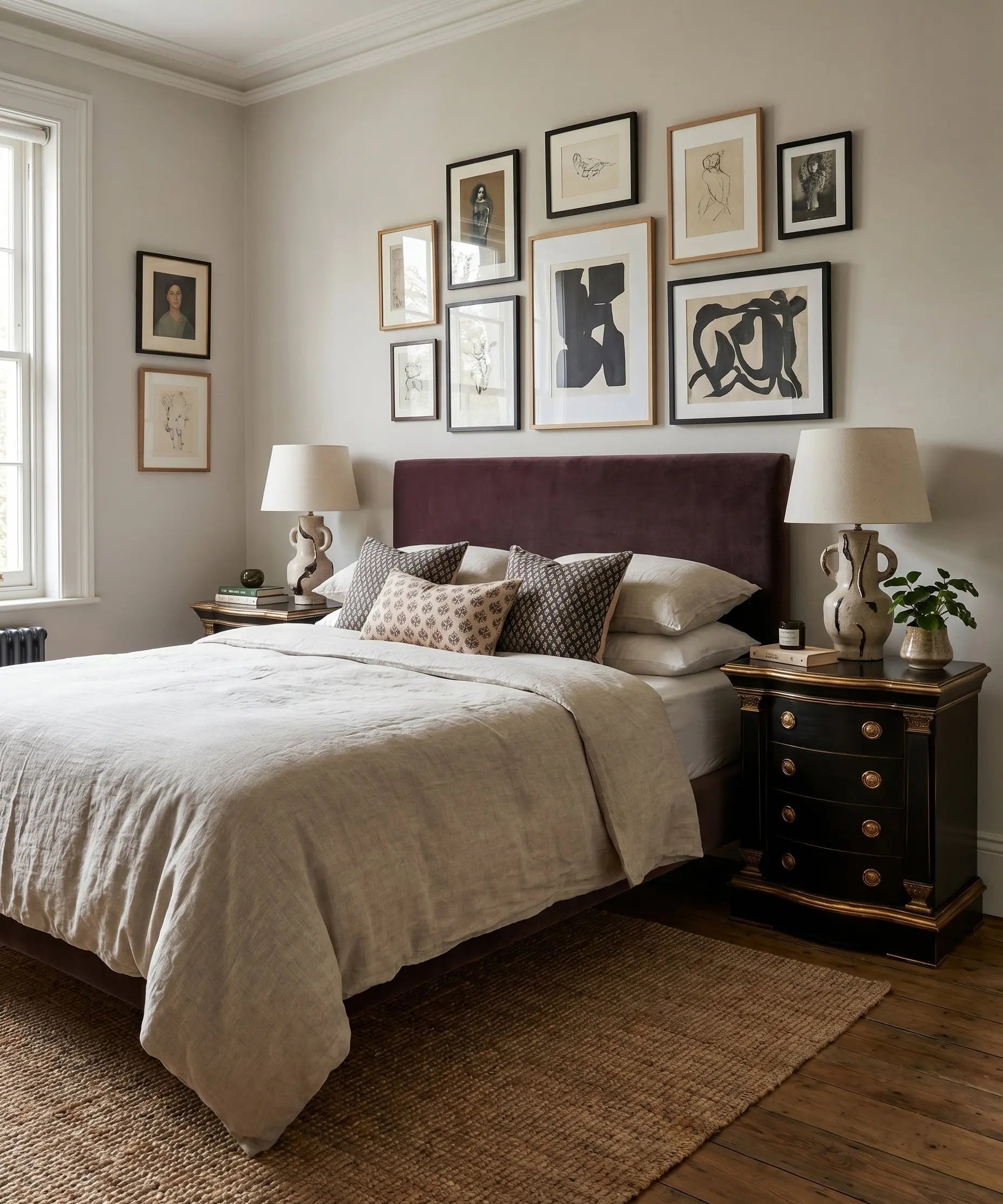 Dormitorio principal elegante con cama king size flanqueada por la pareja de mesitas de noche negras y doradas de gran formato.
