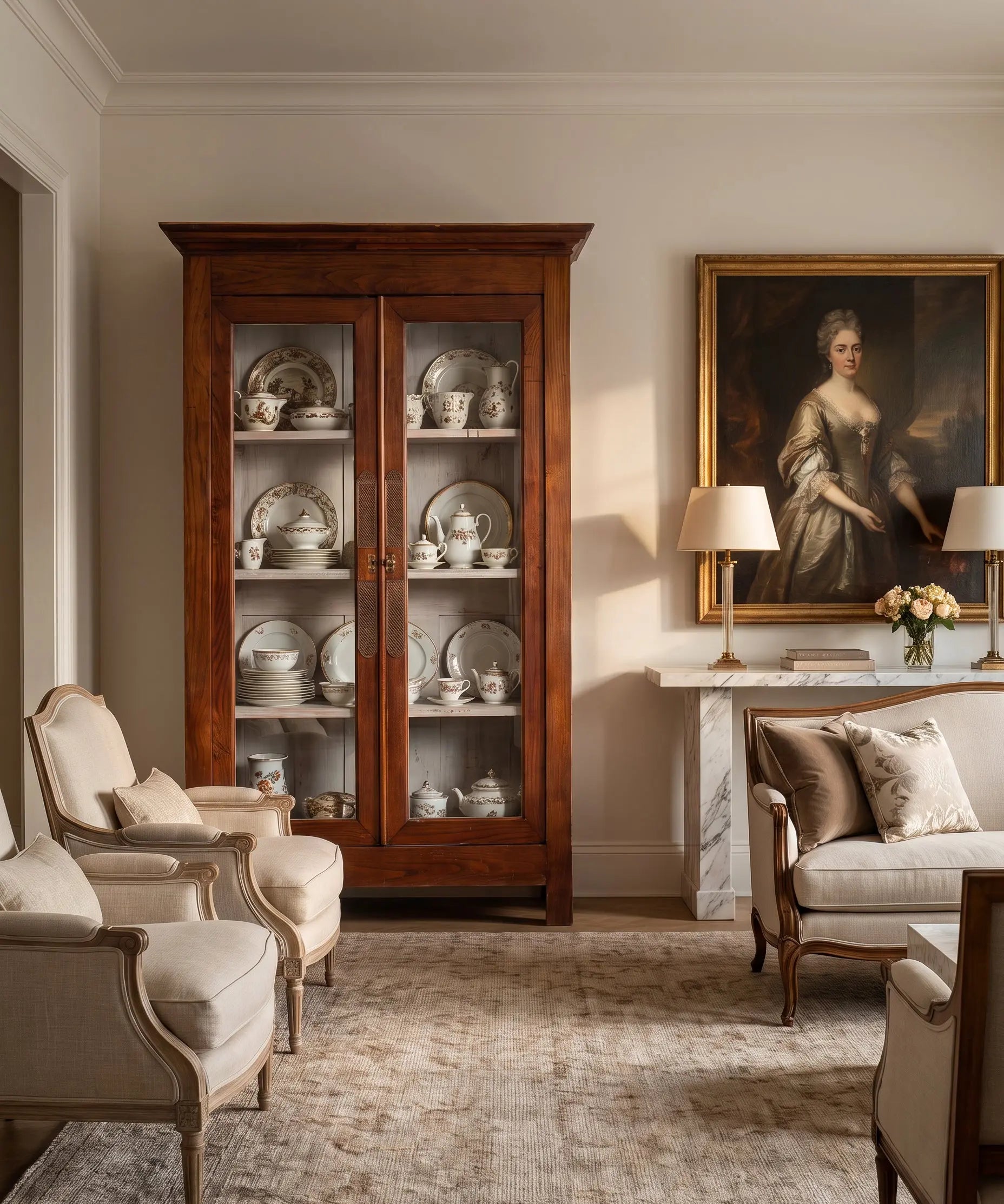 Vitrina vintage de madera en salón clásico con vajilla expuesta tras el cristal — Antique Arte y Decoración