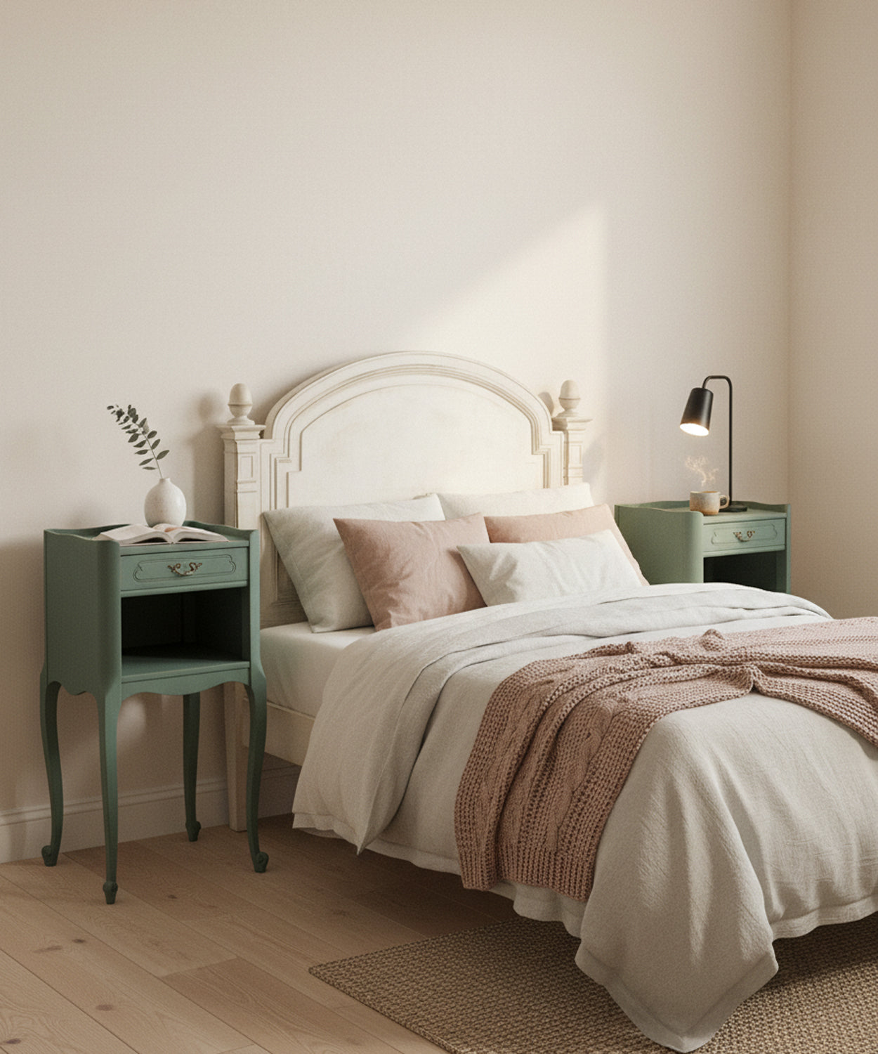 Detalle de mesita de noche verde salvia junto a cama con ropa de cama neutra y lámpara moderna