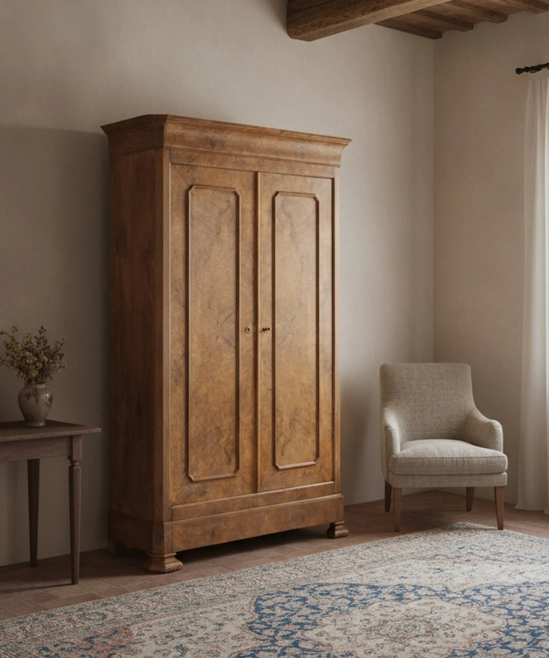 Armario Luis Felipe raíz de nogal en salón de estilo contemporáneo — Antique Arte y Decoración