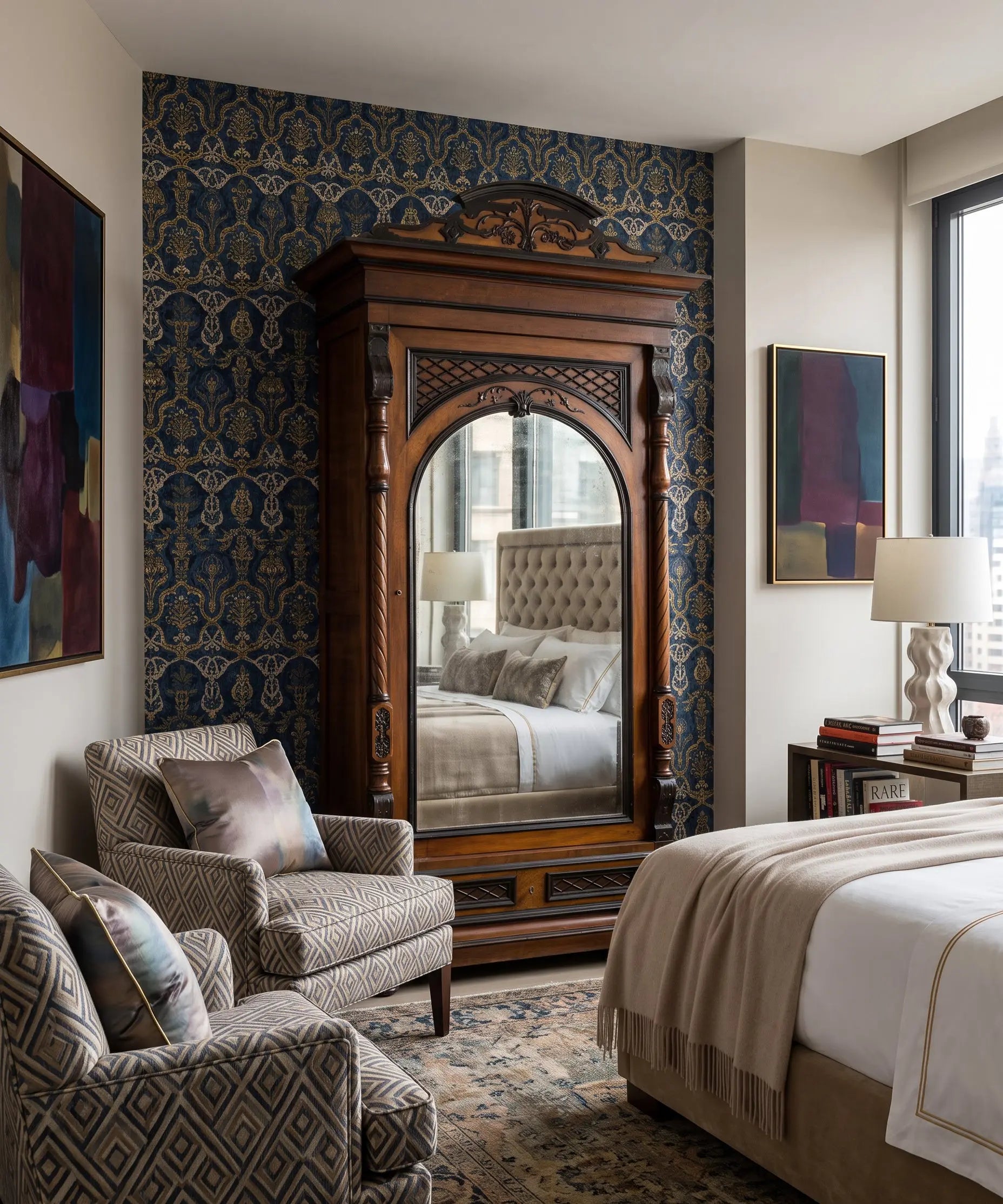Armario antiguo con espejo de época en dormitorio contemporáneo — Antique Arte y Decoración