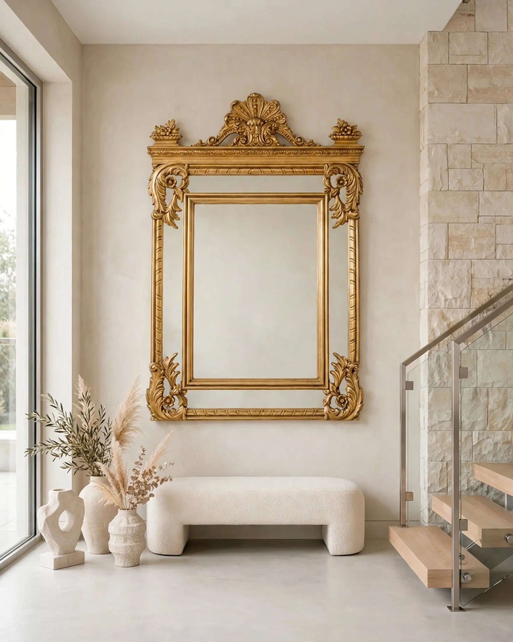 Espejo dorado de gran formato en entrada con banco y escalera — Antique Arte y Decoración