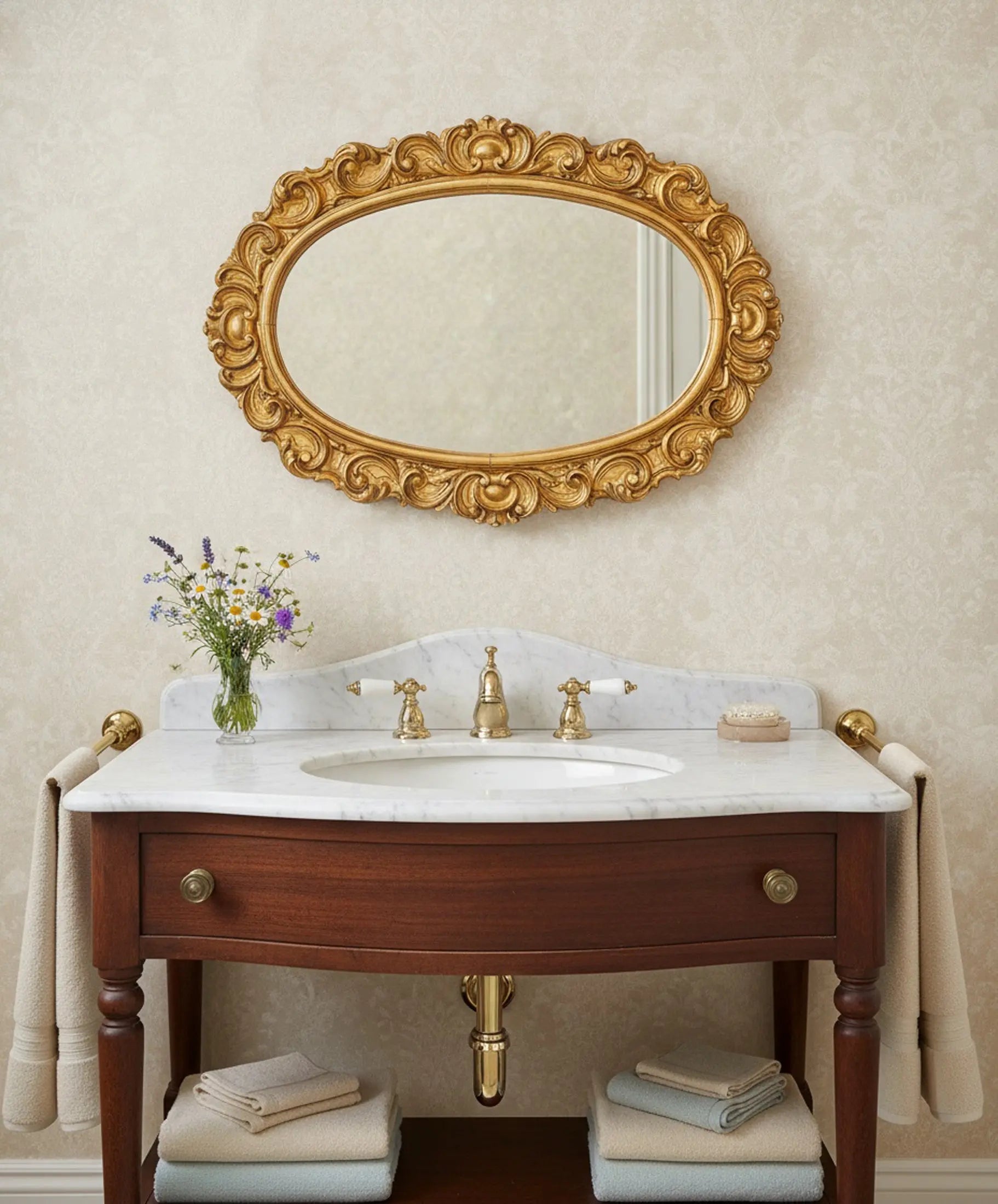 Espejo ovalado dorado al pan de oro sobre mueble de baño con mármol — Antique Arte y Decoración