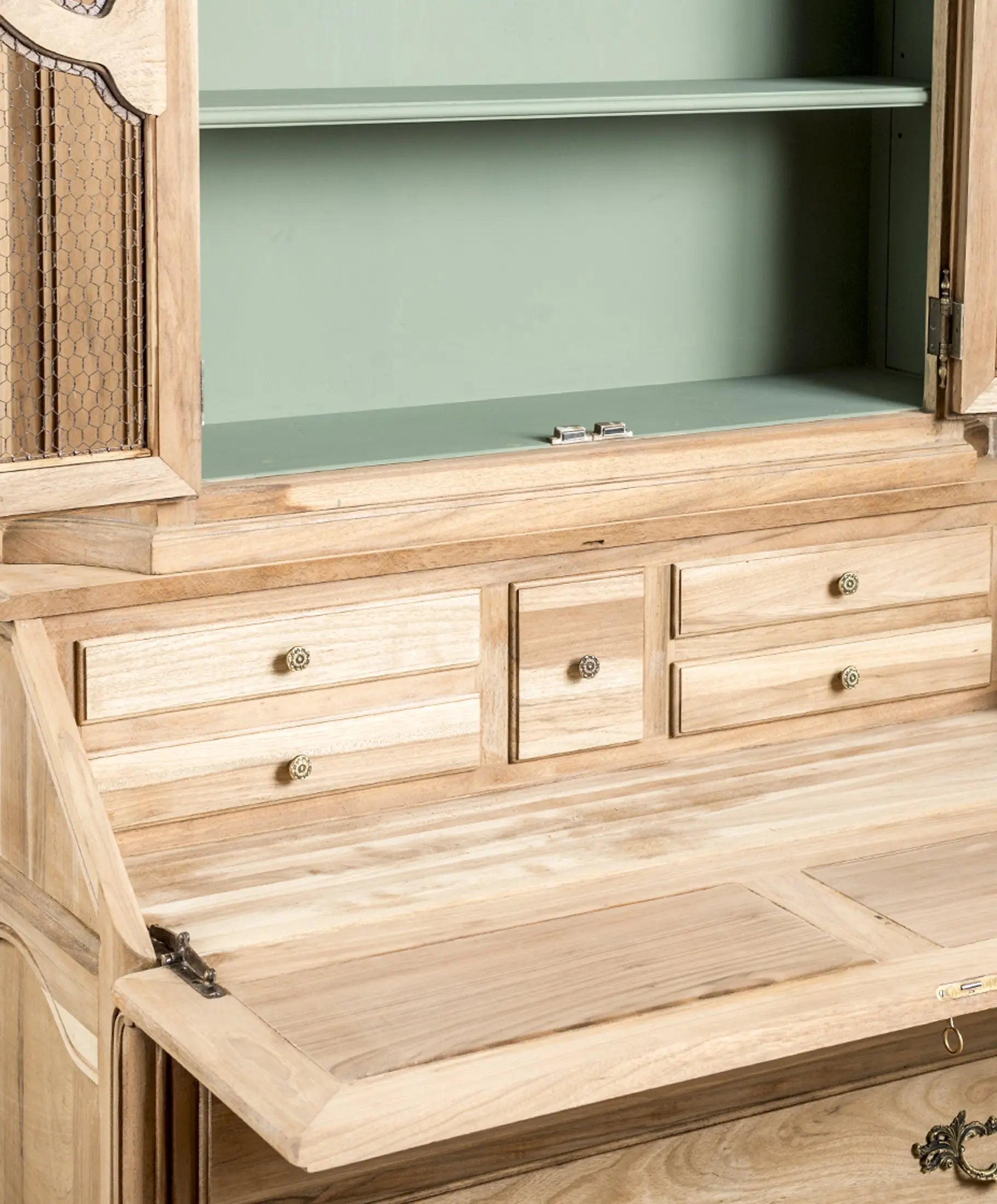Secreter Vitrina de Madera Lavada con Escritorio Abatible | Estilo Luis XV