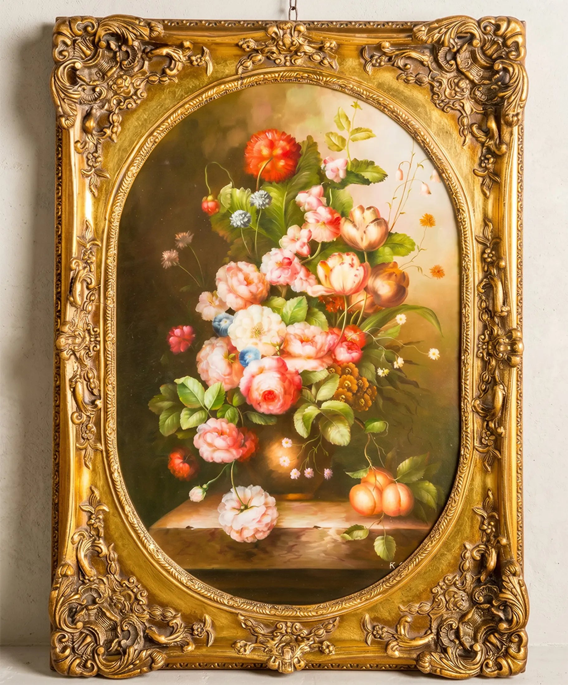 Cuadro bodegón floral firmado rosas tulipanes melocotones óleo lienzo — Antique Arte y Decoración