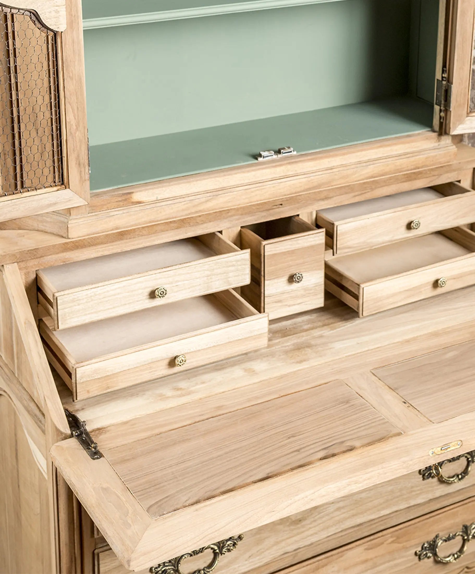 Secreter Vitrina de Madera Lavada con Escritorio Abatible | Estilo Luis XV