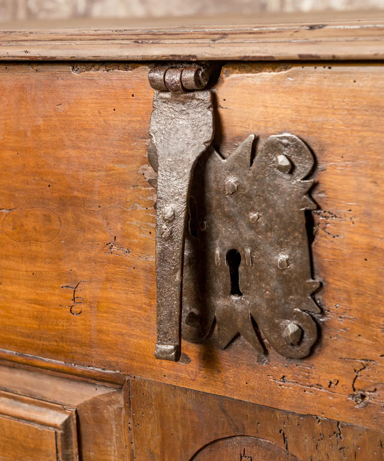 detalle cerradura de forja de arcon del siglo XVIII